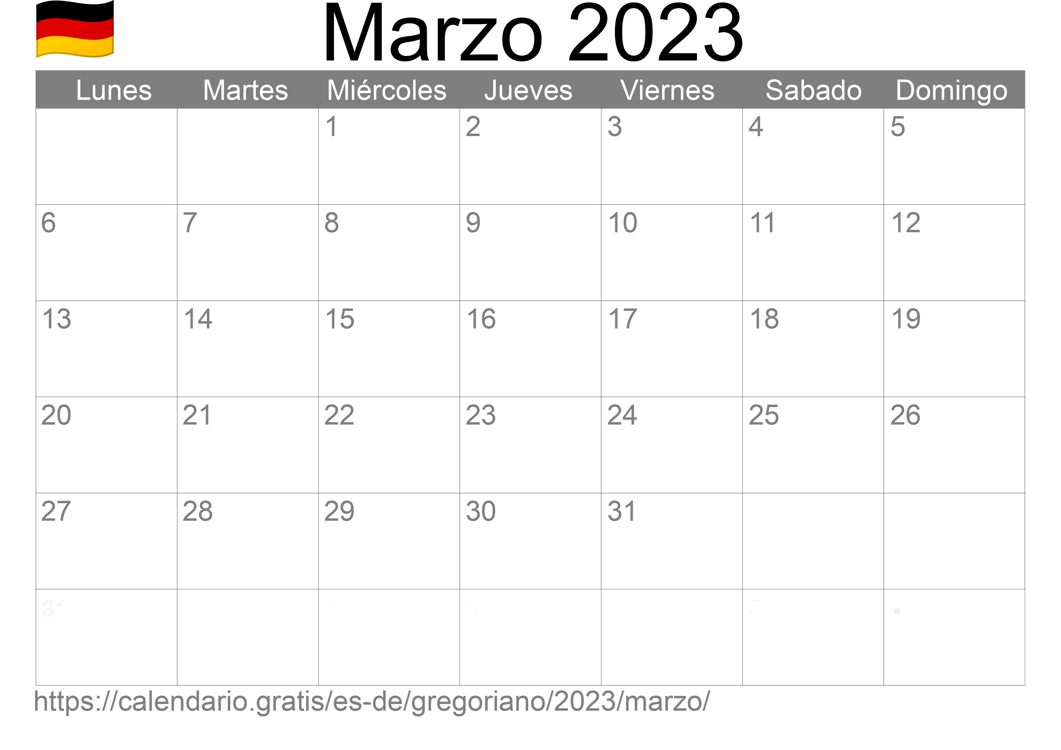 Calendario Marzo 2023 para imprimir