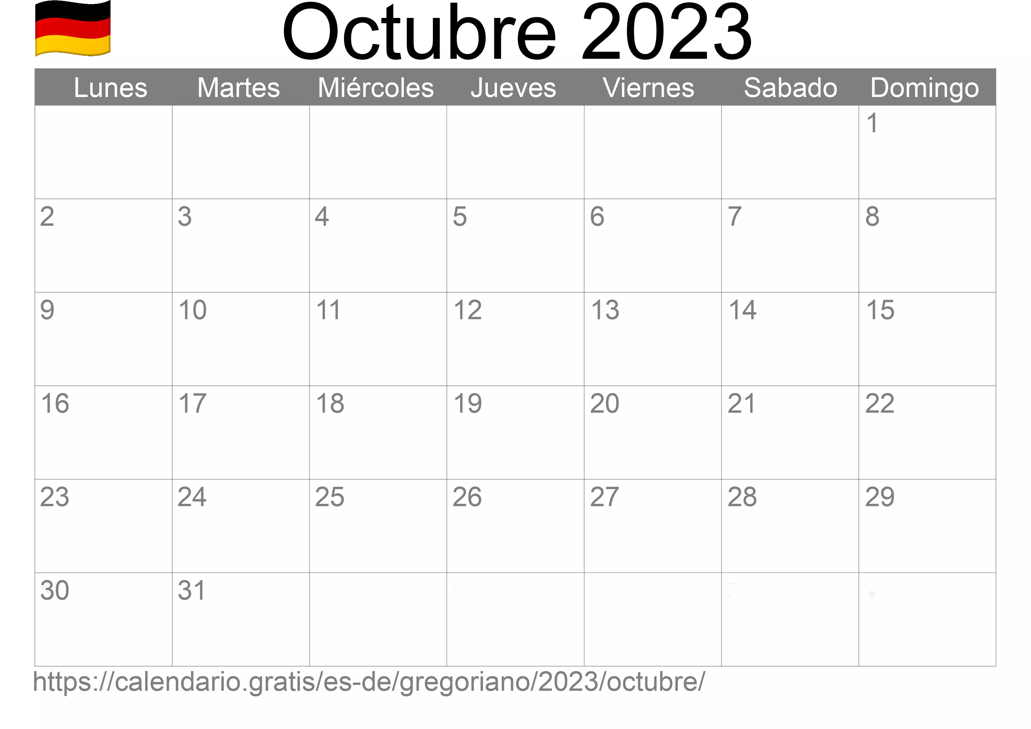 Calendario Octubre 2023 para imprimir (Alemania)