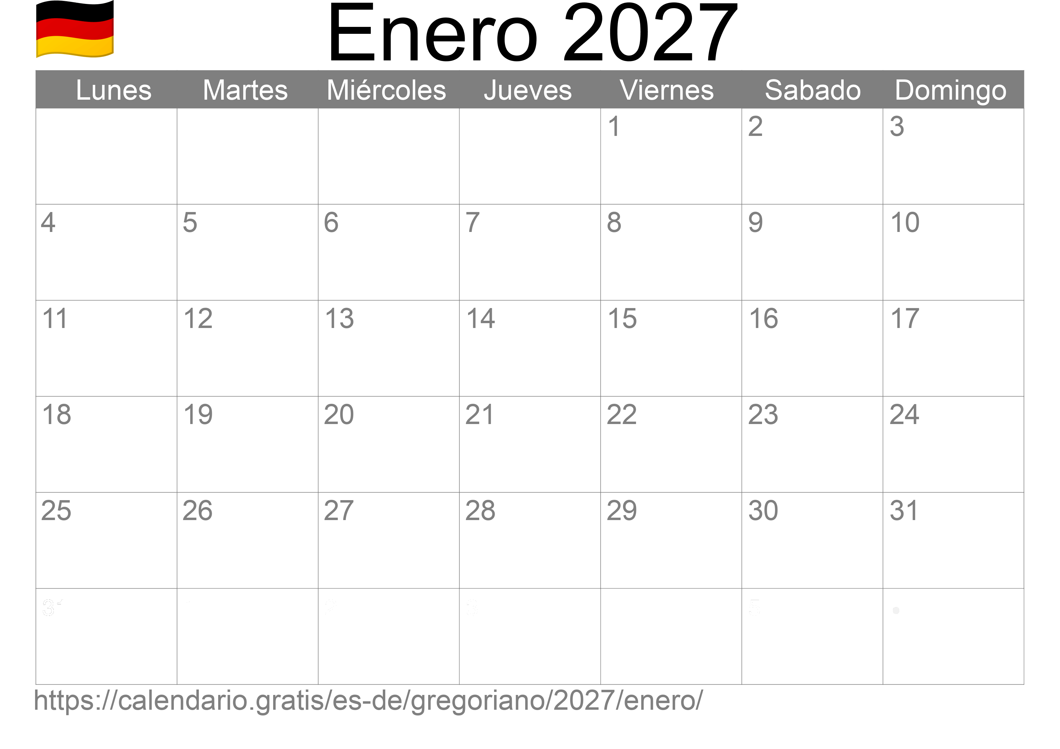 Calendario Enero 2027 para imprimir