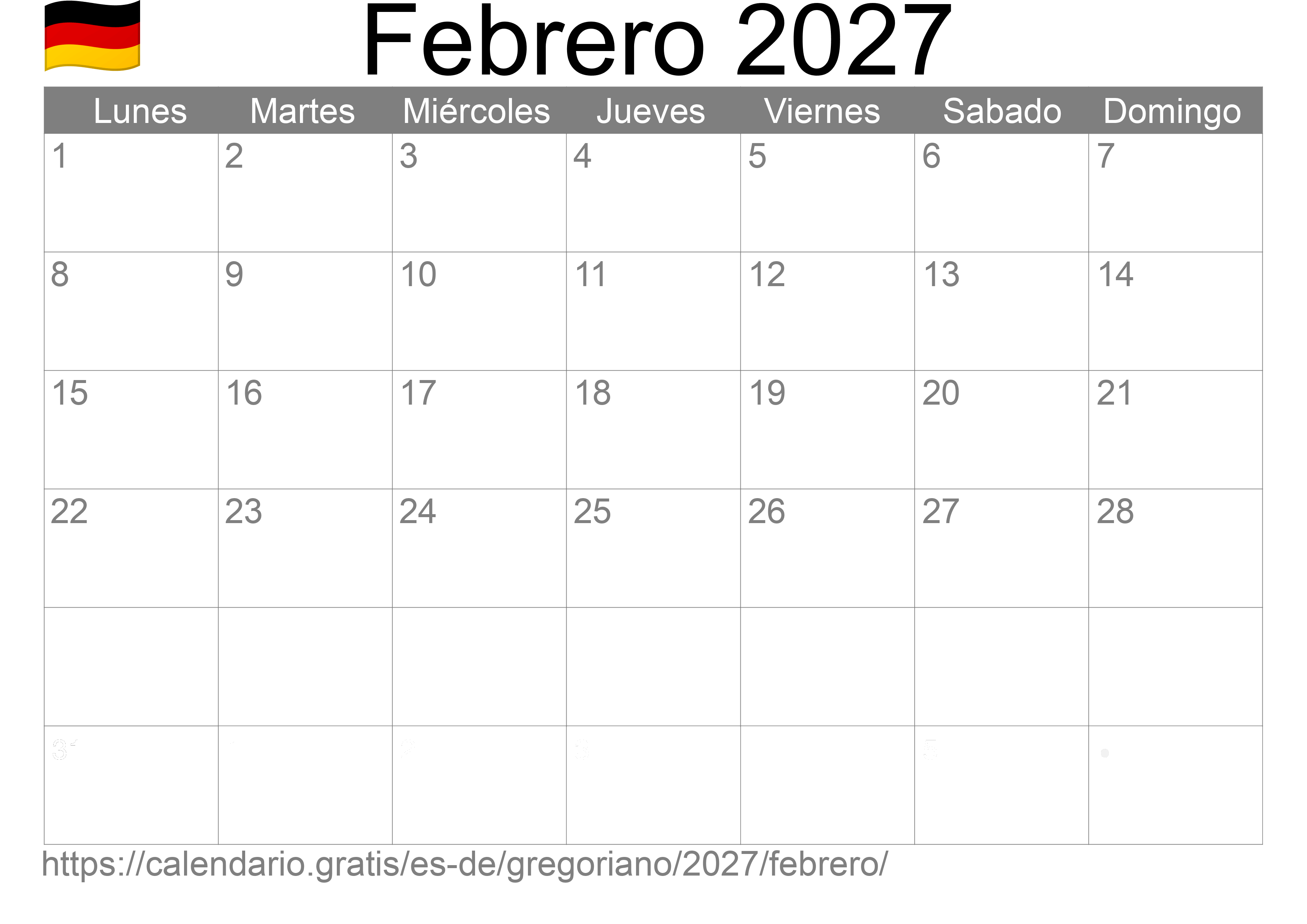 Calendario Febrero 2027 para imprimir