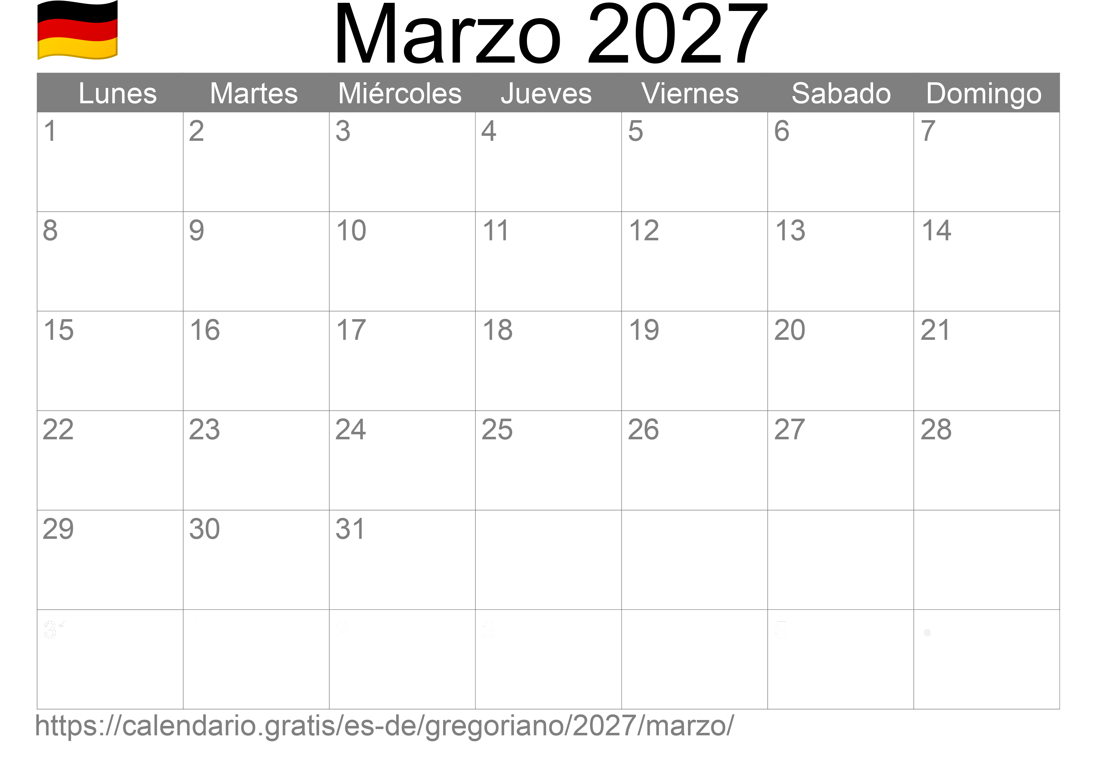 Calendario Marzo 2027 para imprimir