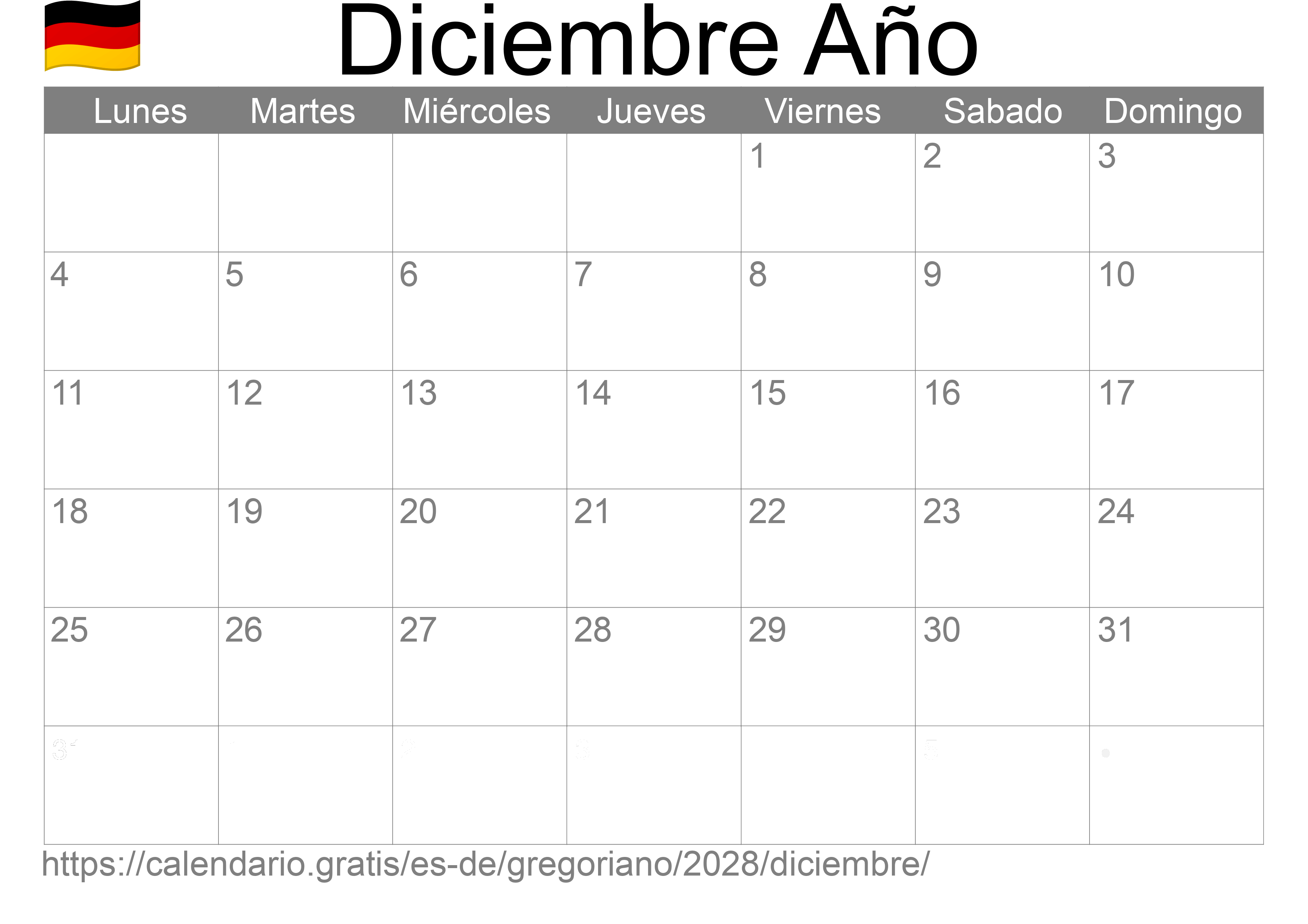 Calendario Diciembre 2028 para imprimir