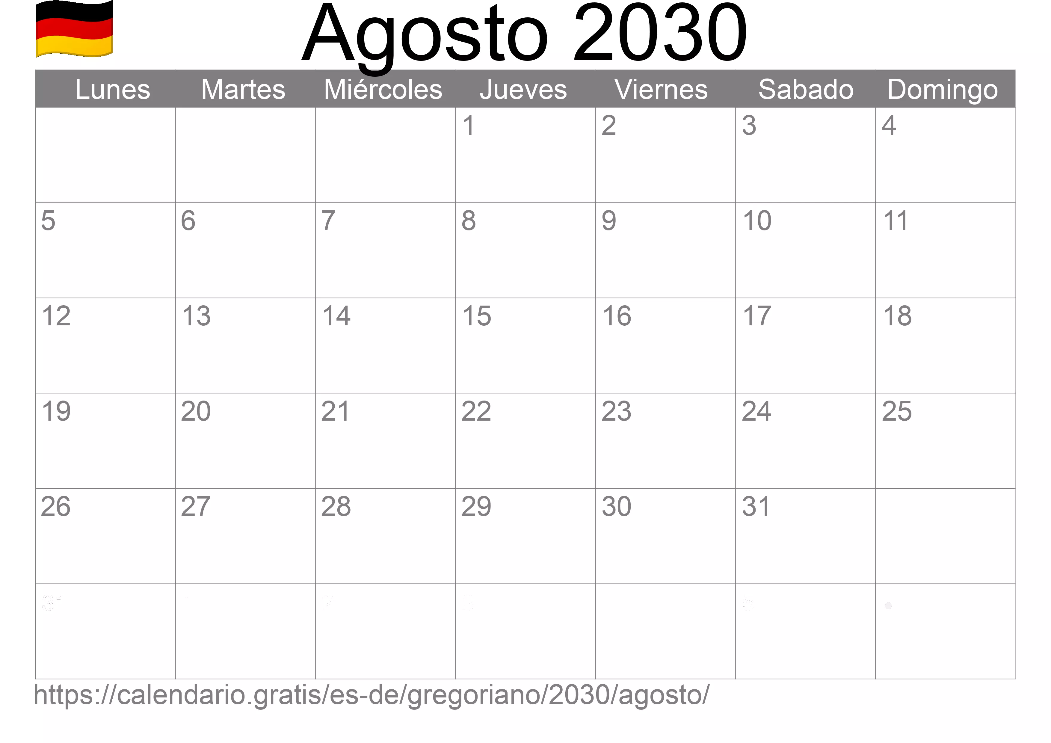 Calendario Agosto 2030 para imprimir (Alemania)