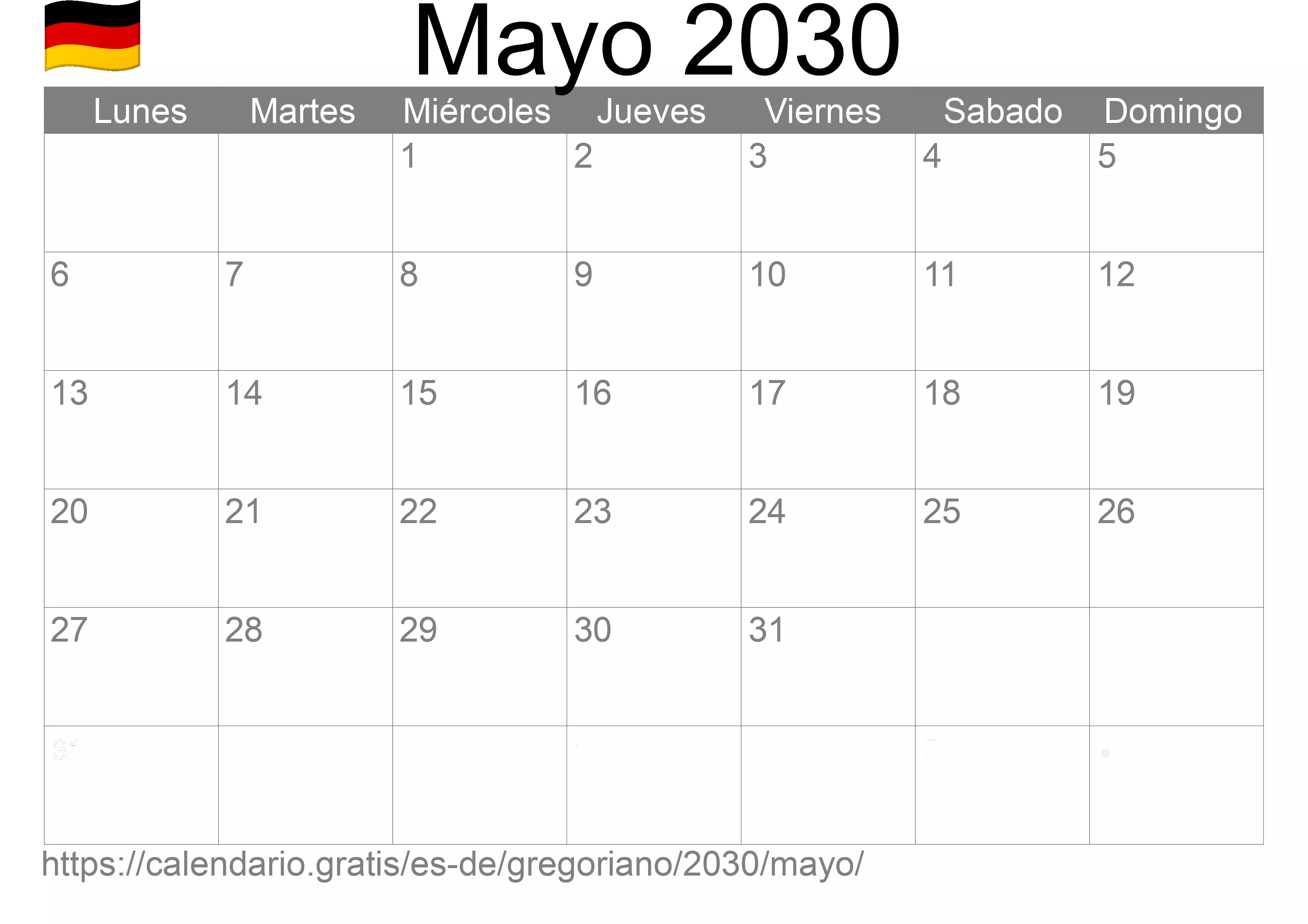 Calendario Mayo 2030 para imprimir (Alemania)