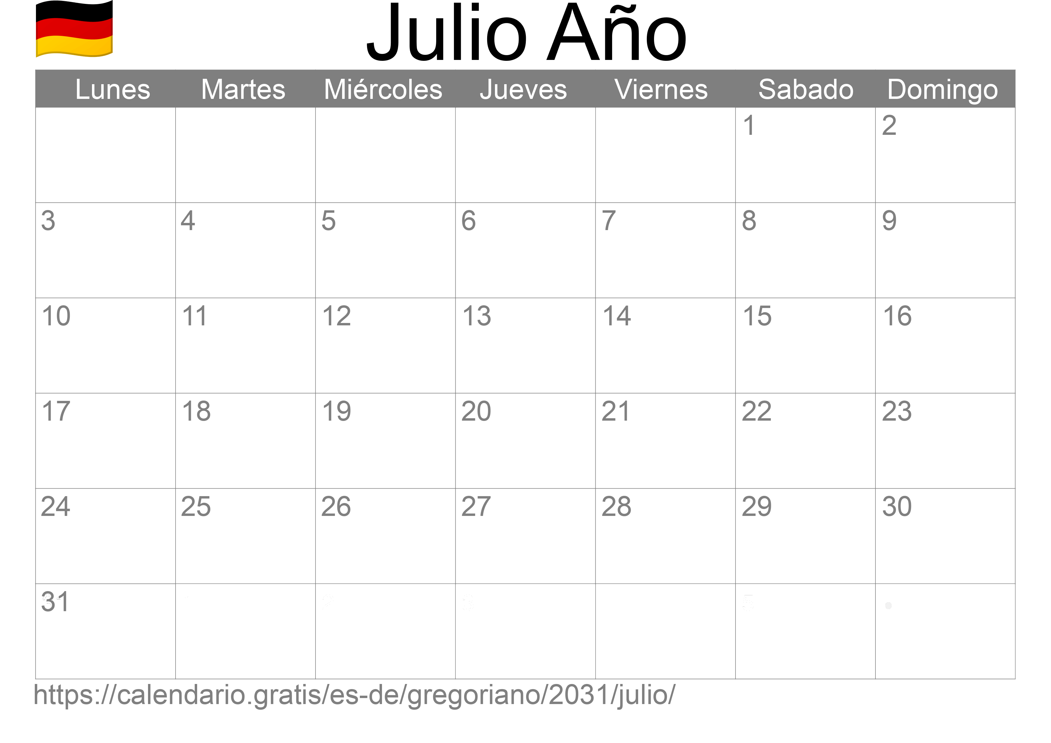 Calendario Julio 2031 para imprimir