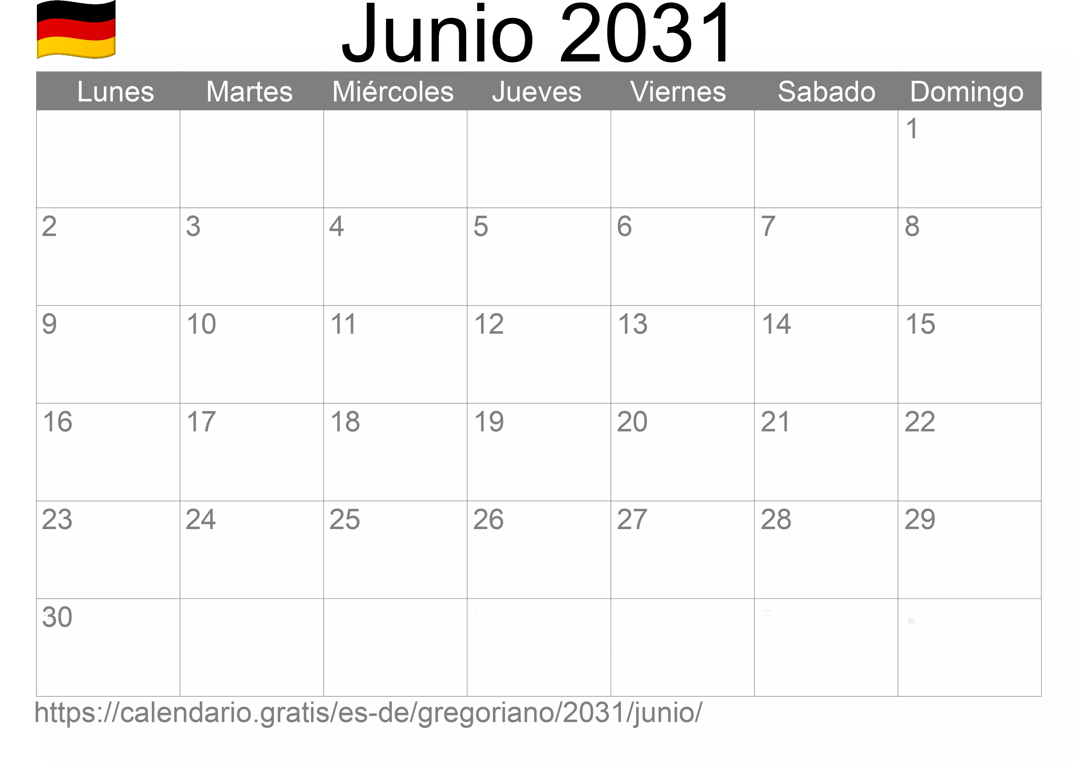 Calendario Junio 2031 para imprimir (Alemania)