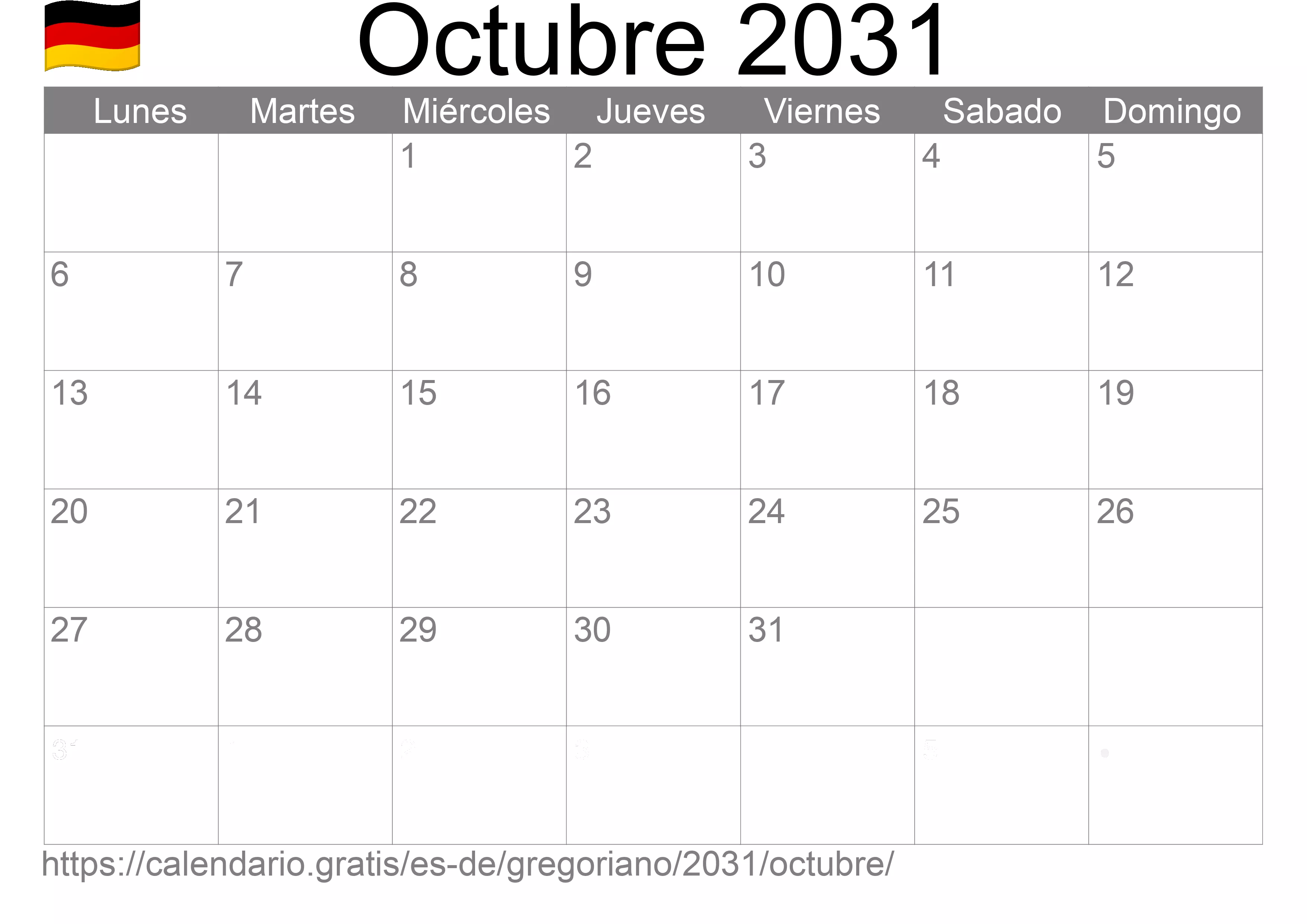 Calendario Octubre 2031 para imprimir (Alemania) Calendario Octubre 2031 para imprimir (Alemania)
