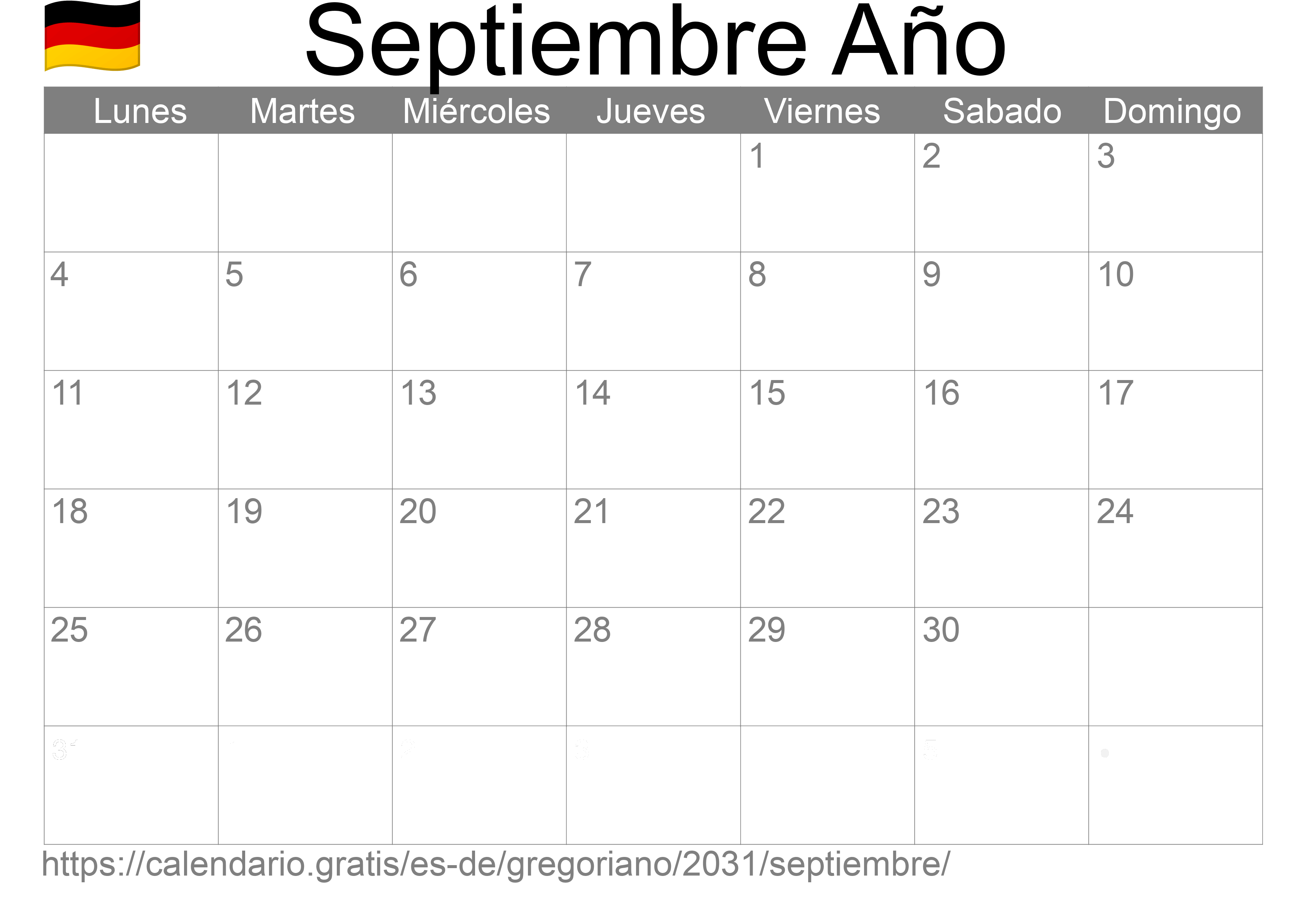 Calendario Septiembre 2031 para imprimir