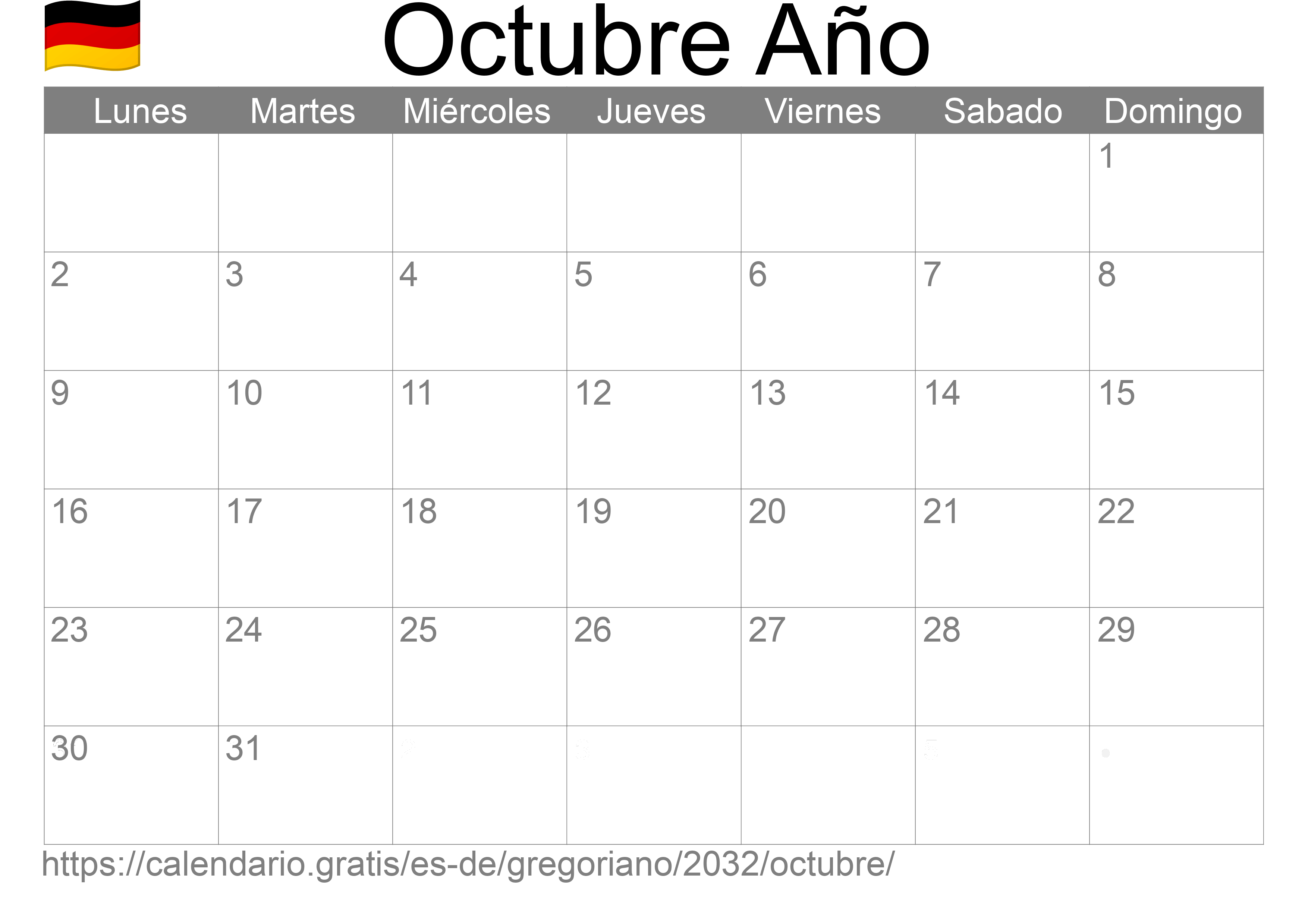 Calendario Octubre 2032 para imprimir