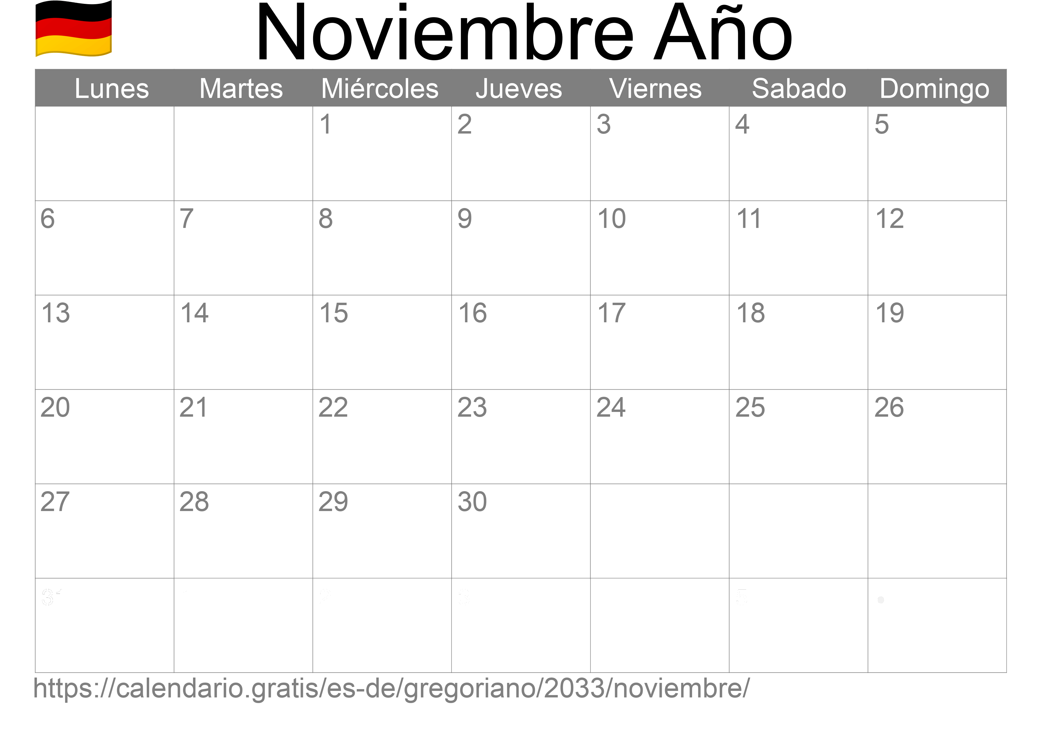 Calendario Noviembre 2033 para imprimir