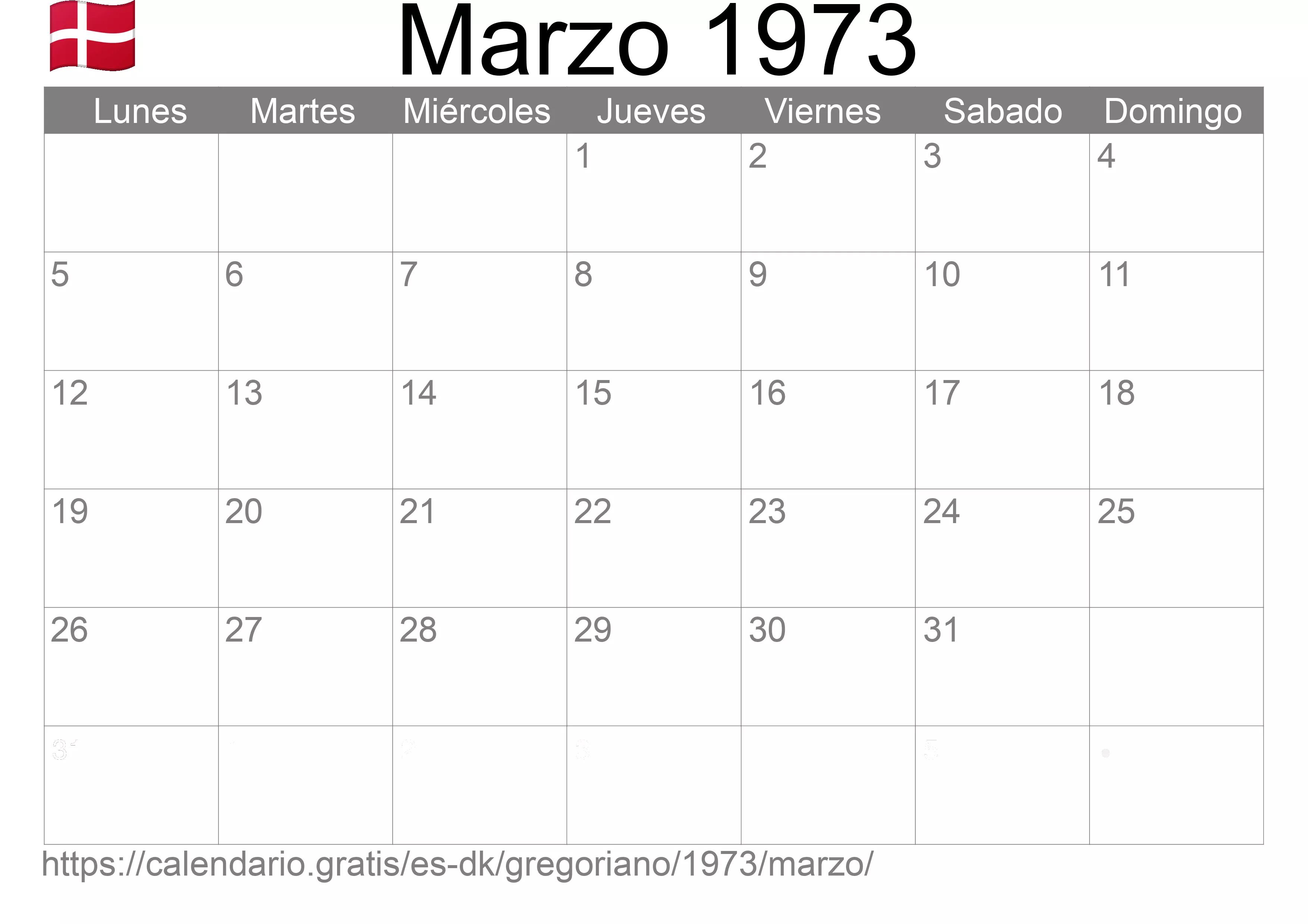 Calendario Marzo 1973 para imprimir (Dinamarca)