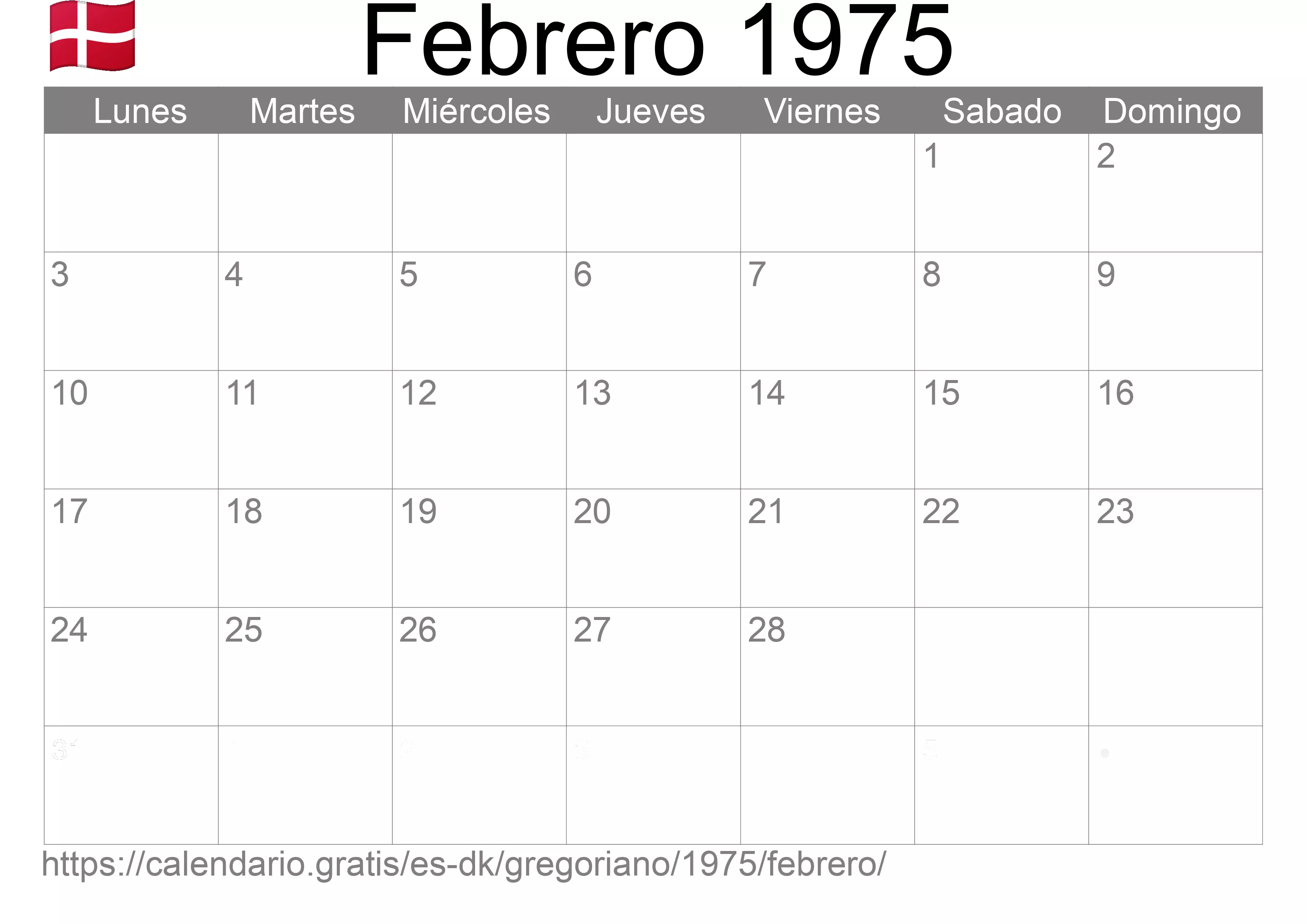 Calendario Febrero 1975 para imprimir (Dinamarca)