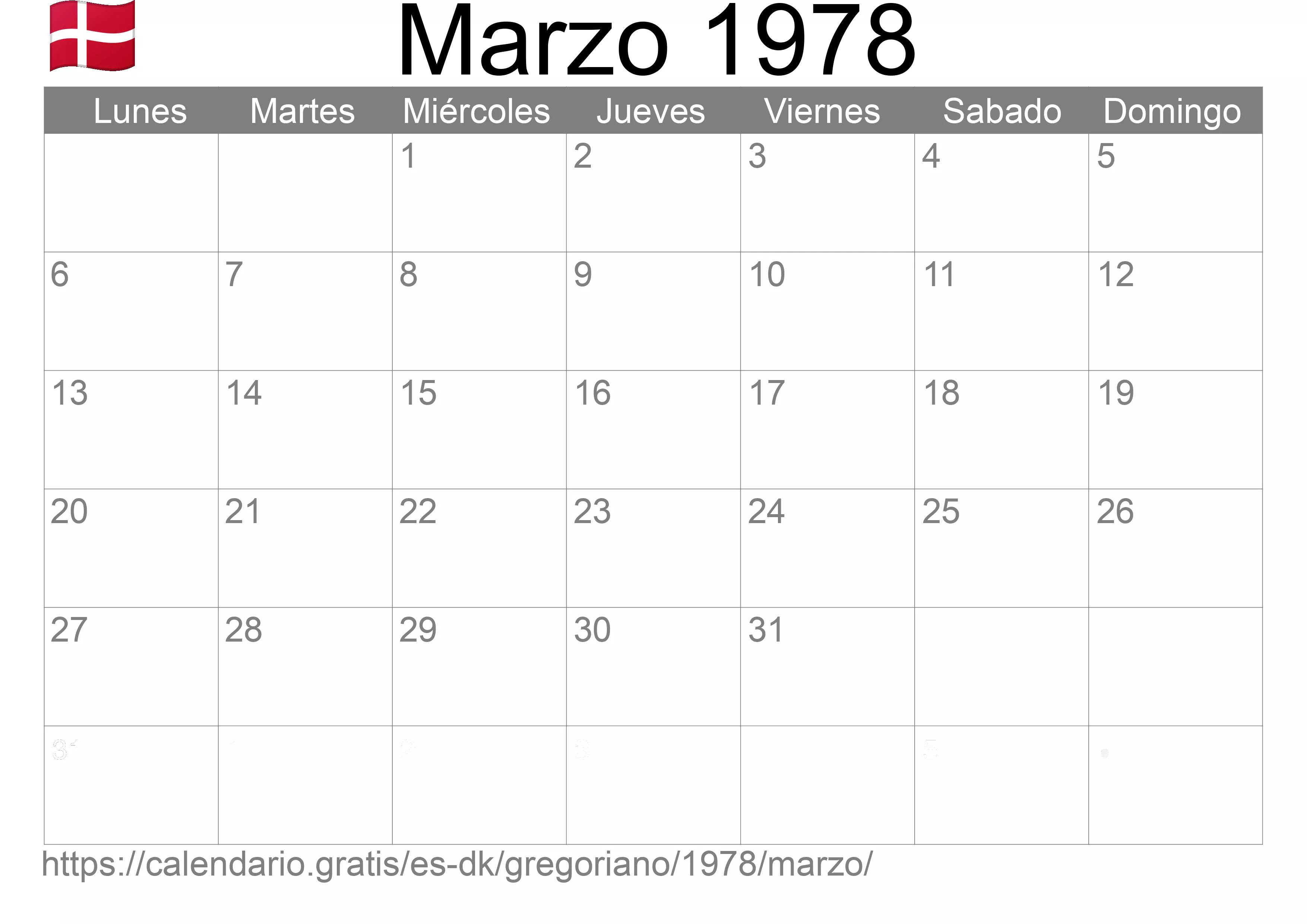 Calendario Marzo 1978 para imprimir (Dinamarca)
