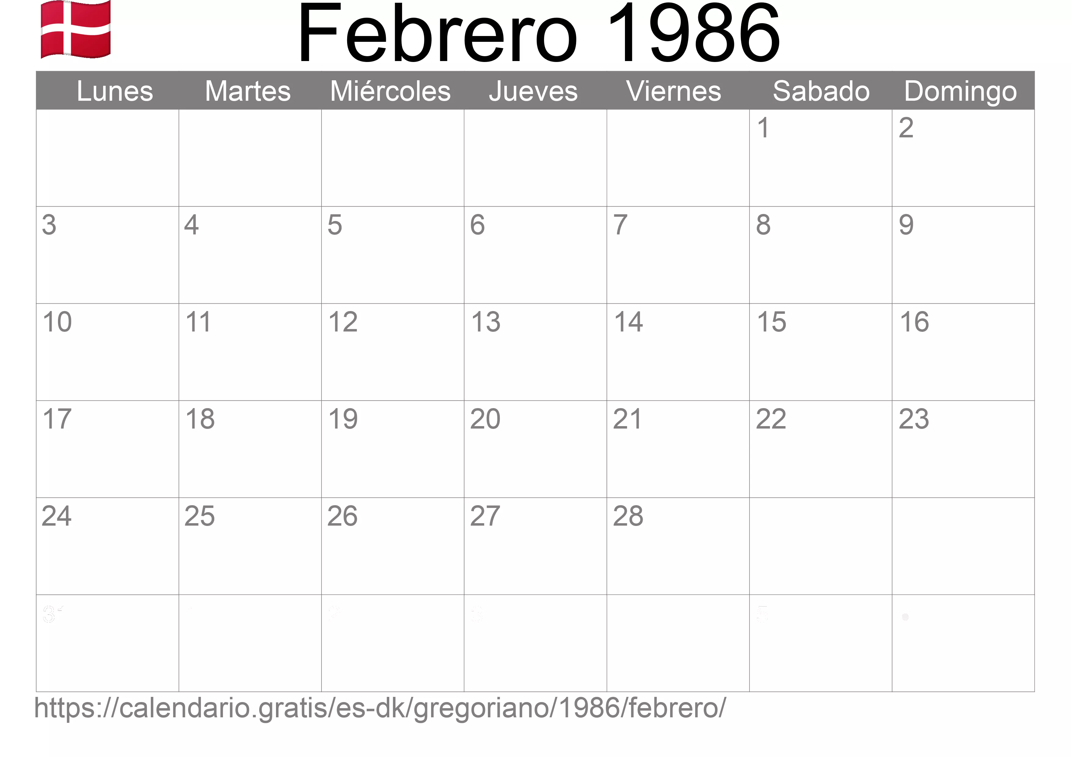 Calendario Febrero 1986 para imprimir (Dinamarca)
