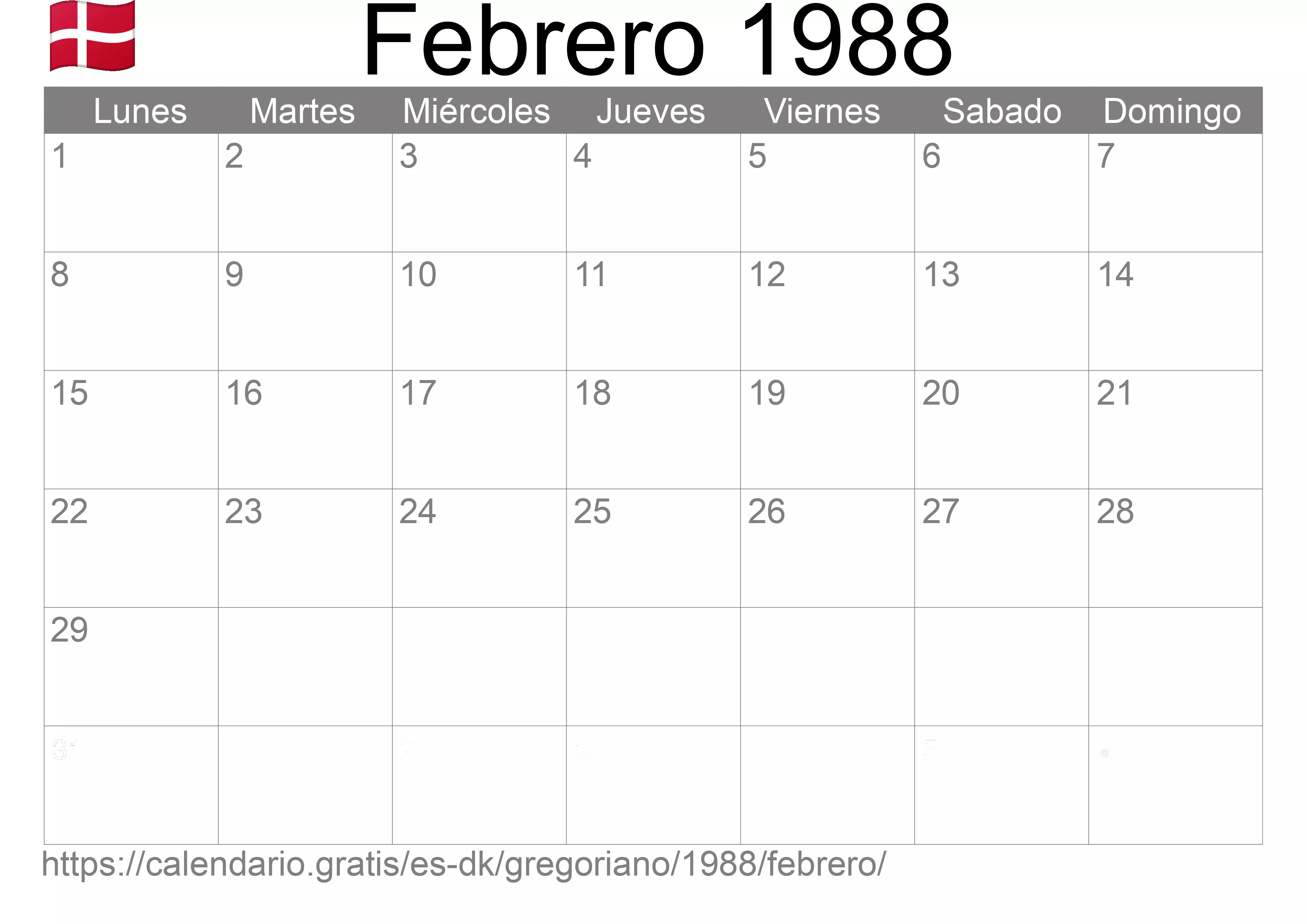 Calendario Febrero 1988 para imprimir (Dinamarca)