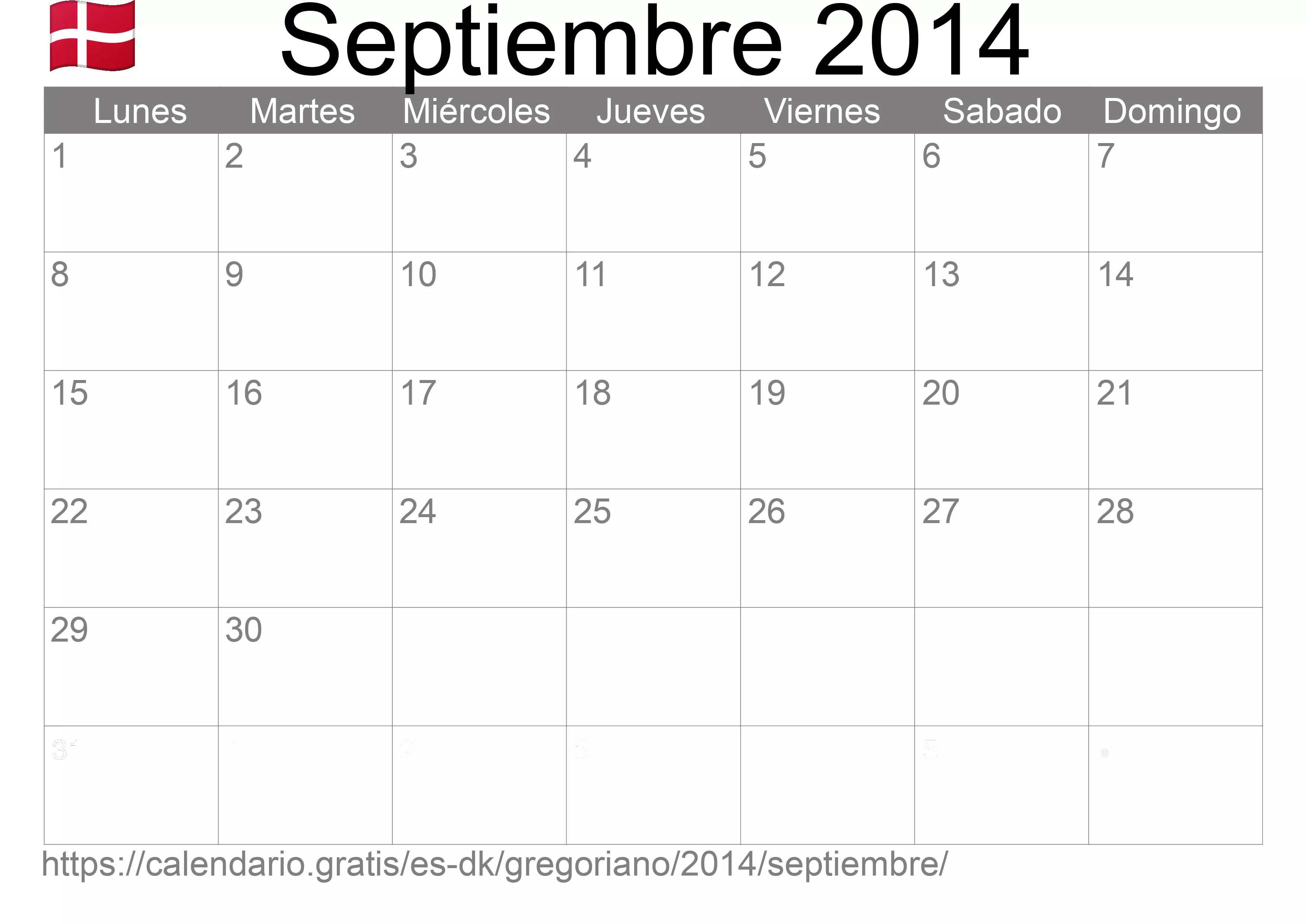 Calendario Septiembre 2014 para imprimir (Dinamarca)