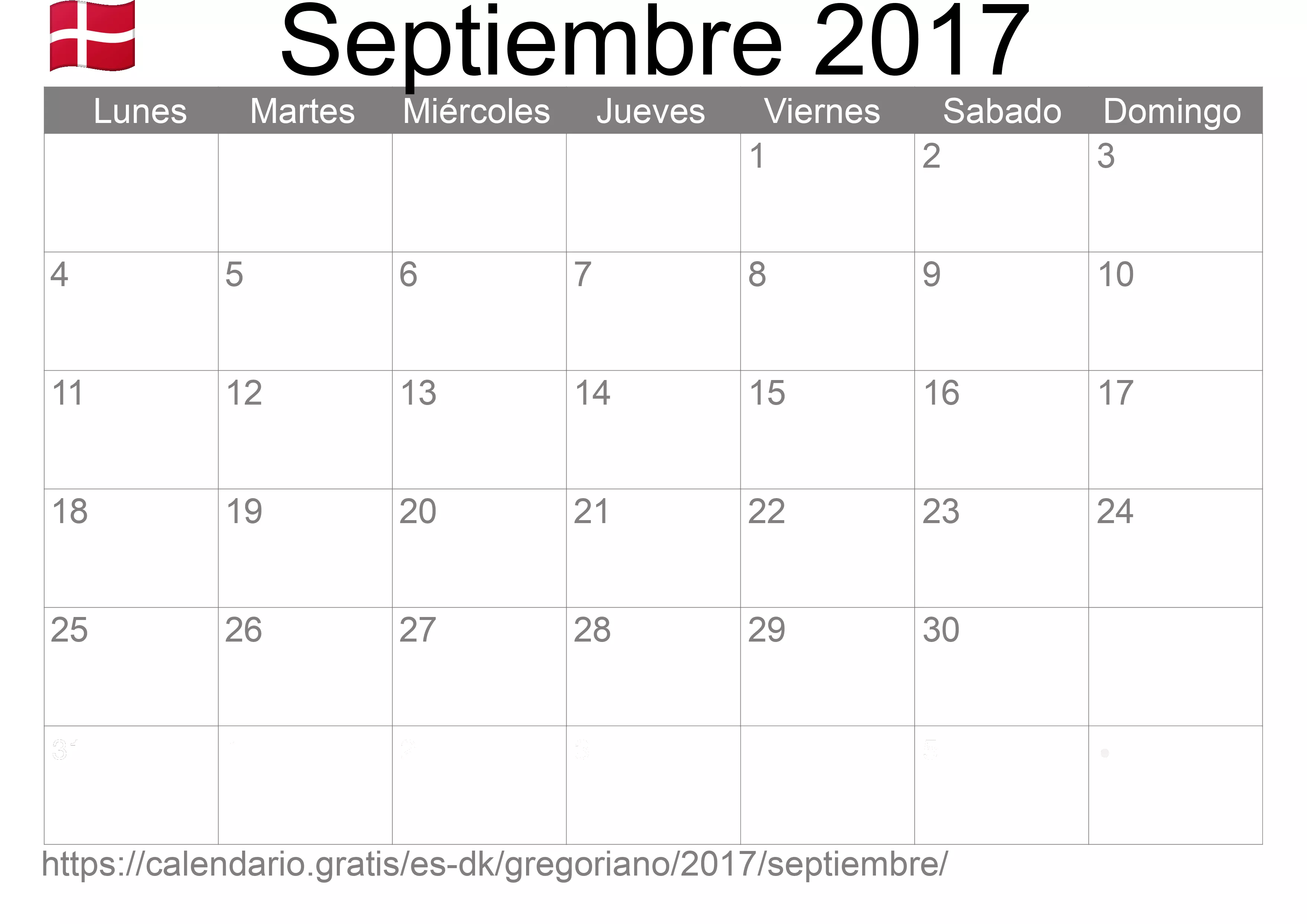 Calendario Septiembre 2017 para imprimir (Dinamarca)