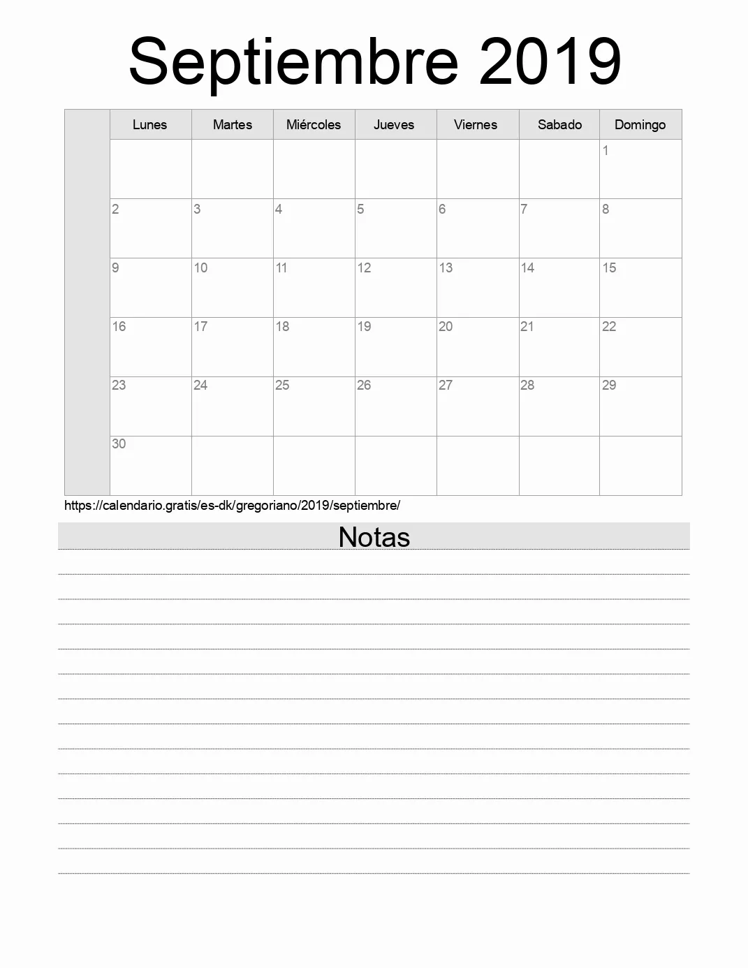 Calendario Septiembre 2019 para imprimir con notas. (Dinamarca)