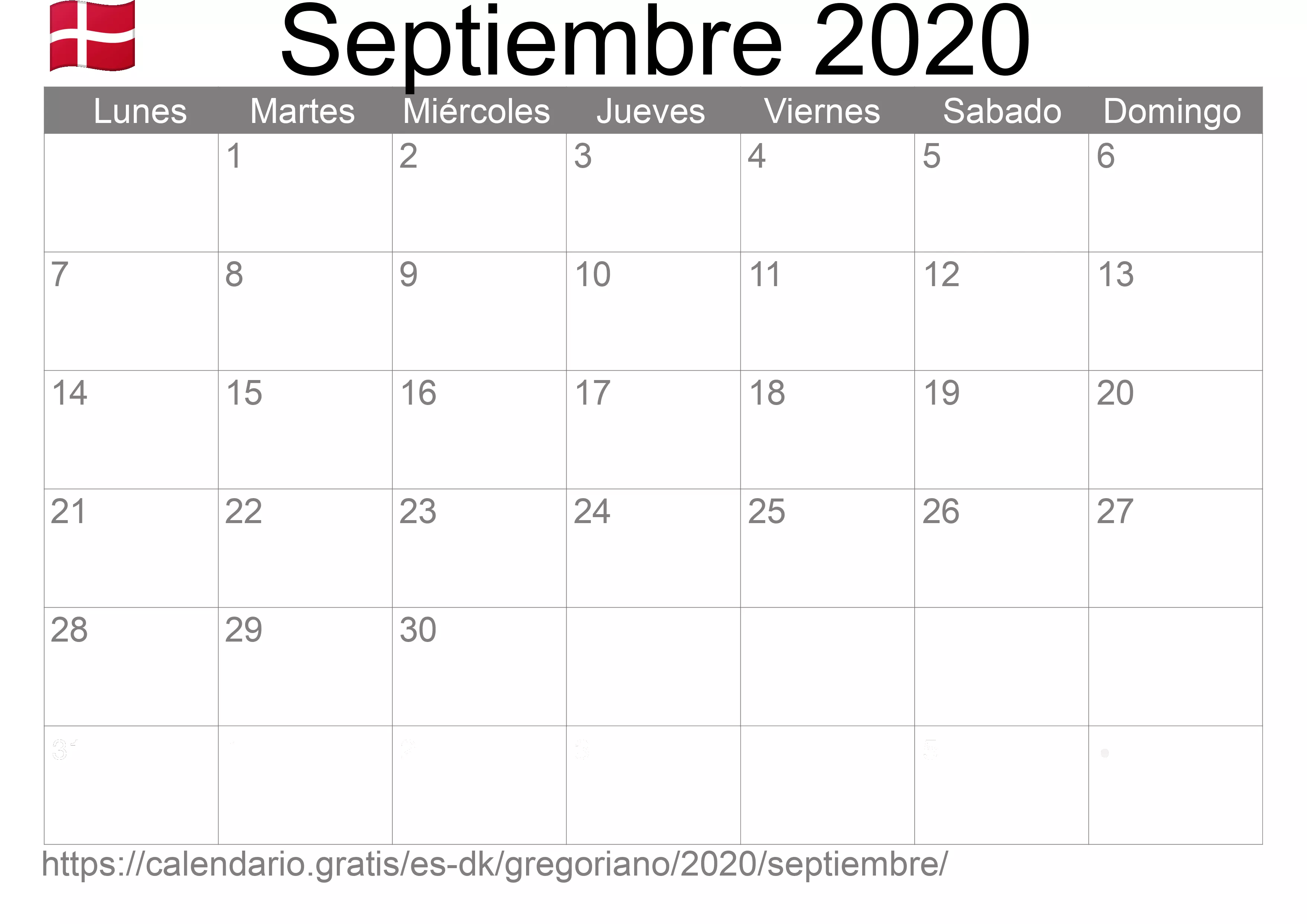 Calendario Septiembre 2020 para imprimir (Dinamarca)