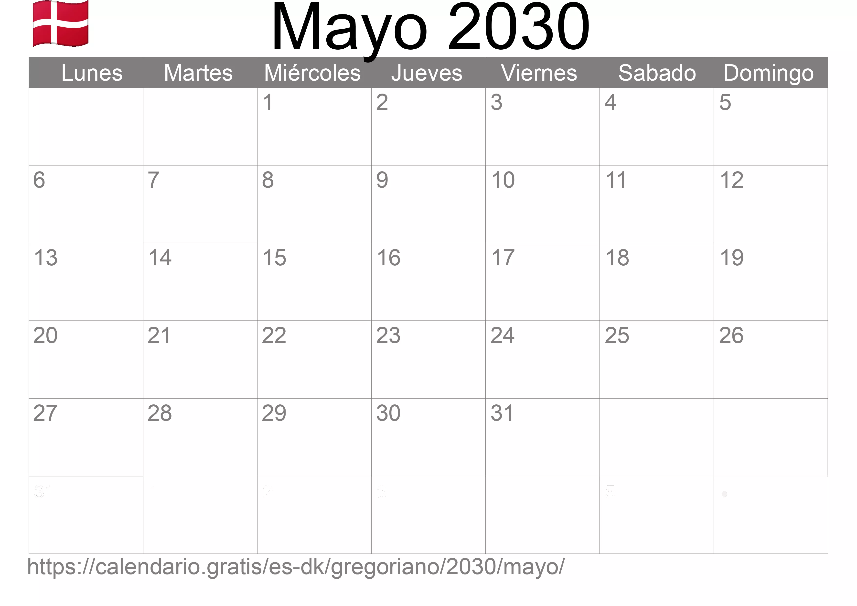 Calendario Mayo 2030 para imprimir (Dinamarca)