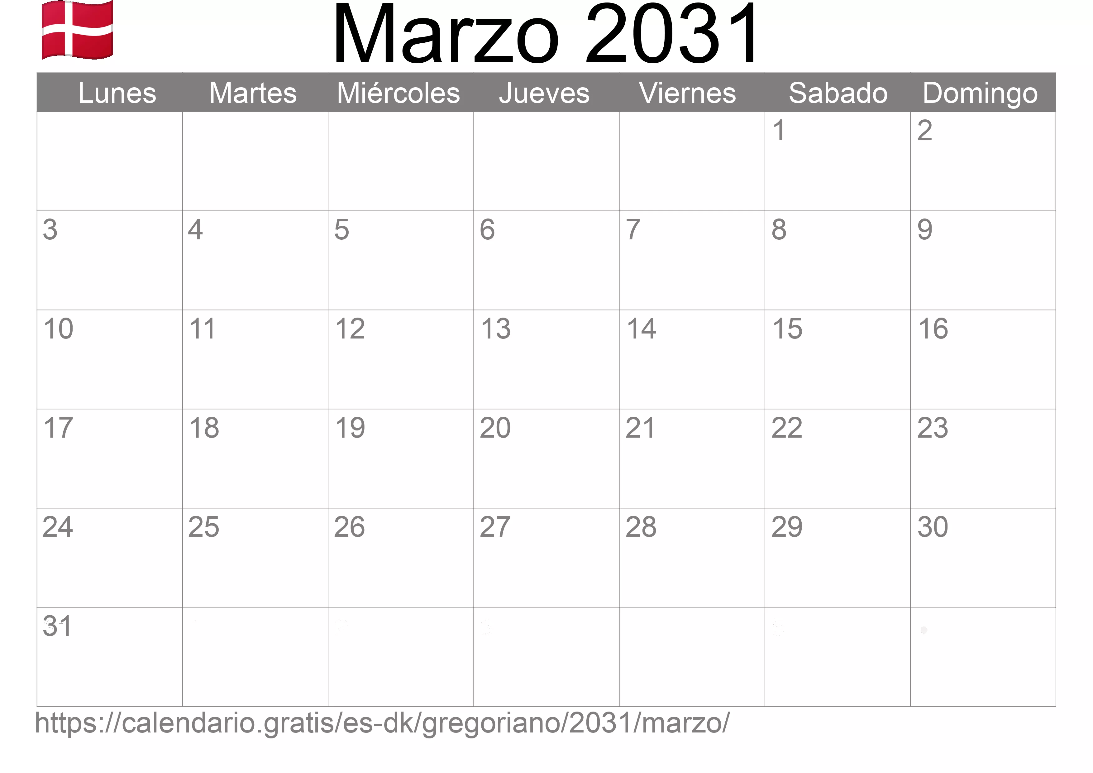 Calendario Marzo 2031 para imprimir (Dinamarca)