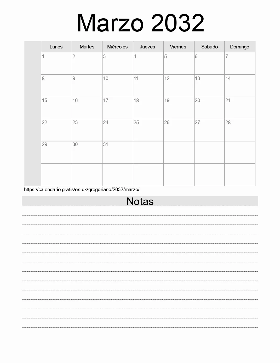 Calendario Marzo 2032 para imprimir con notas. (Dinamarca)