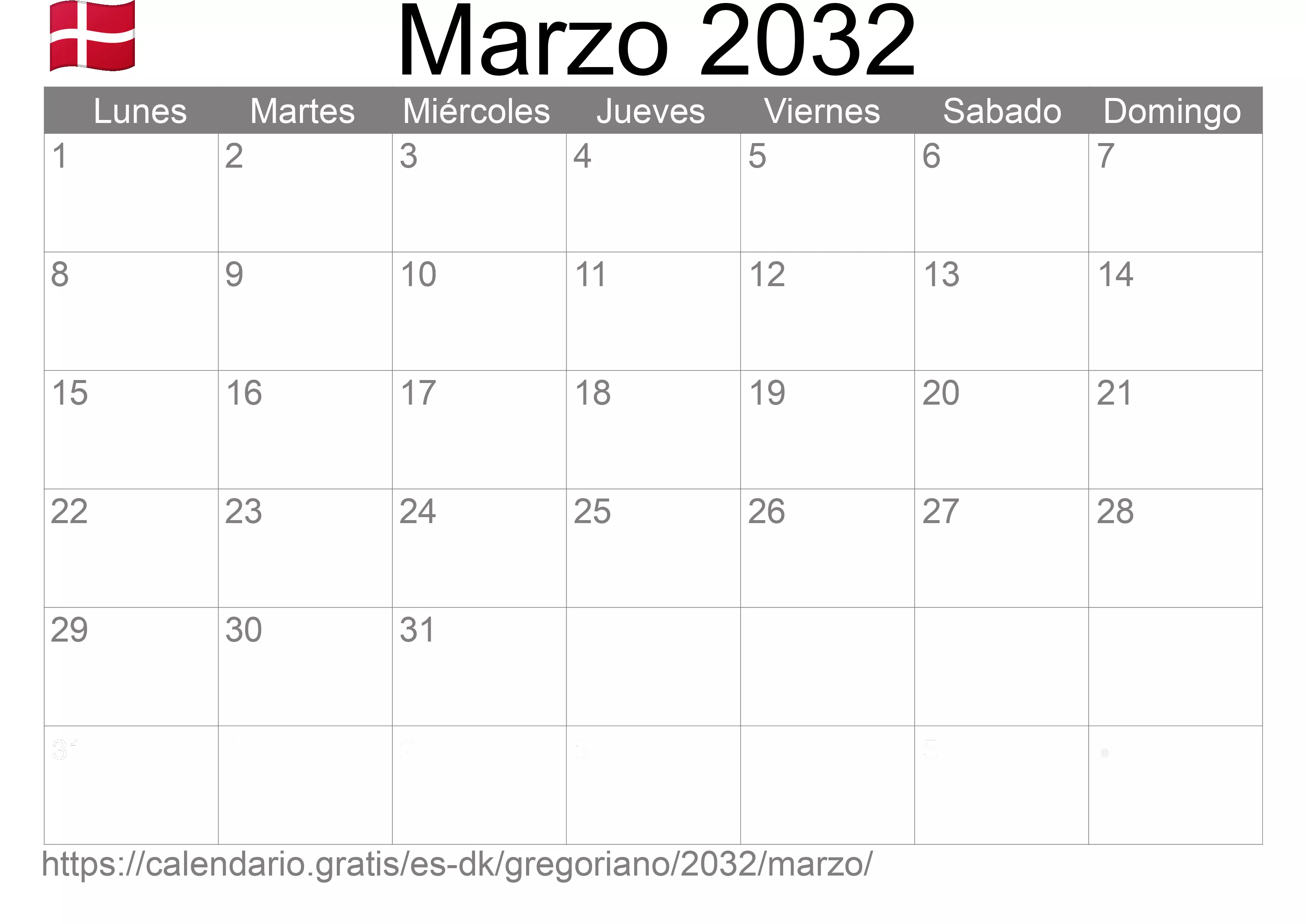 Calendario Marzo 2032 para imprimir (Dinamarca)