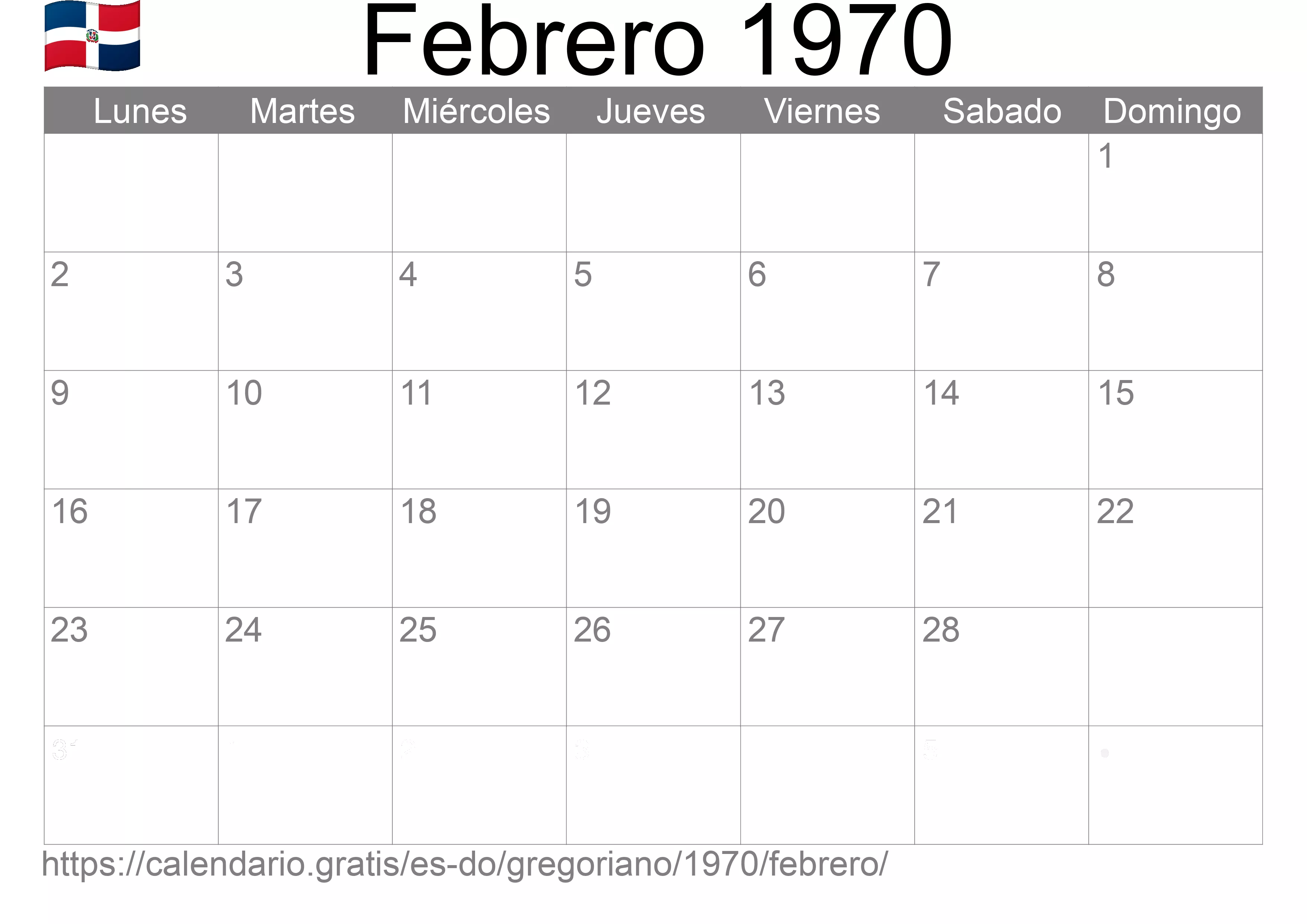 Calendario Febrero 1970 para imprimir (República Dominicana)