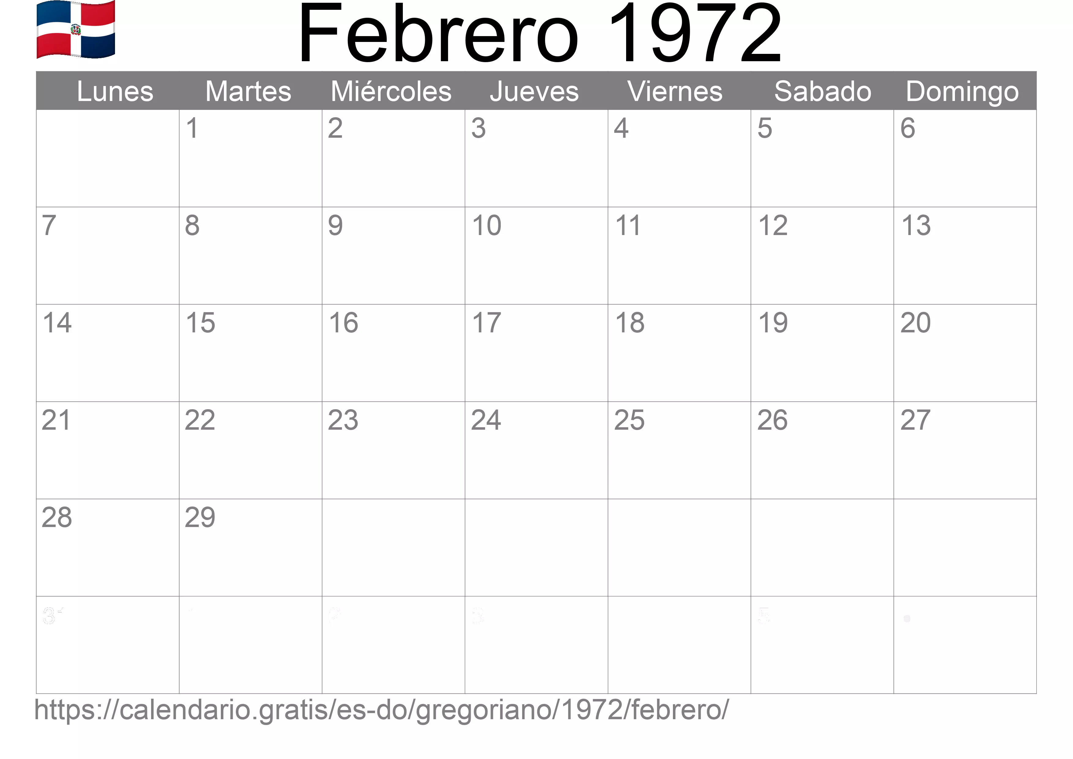 Calendario Febrero 1972 para imprimir (República Dominicana)