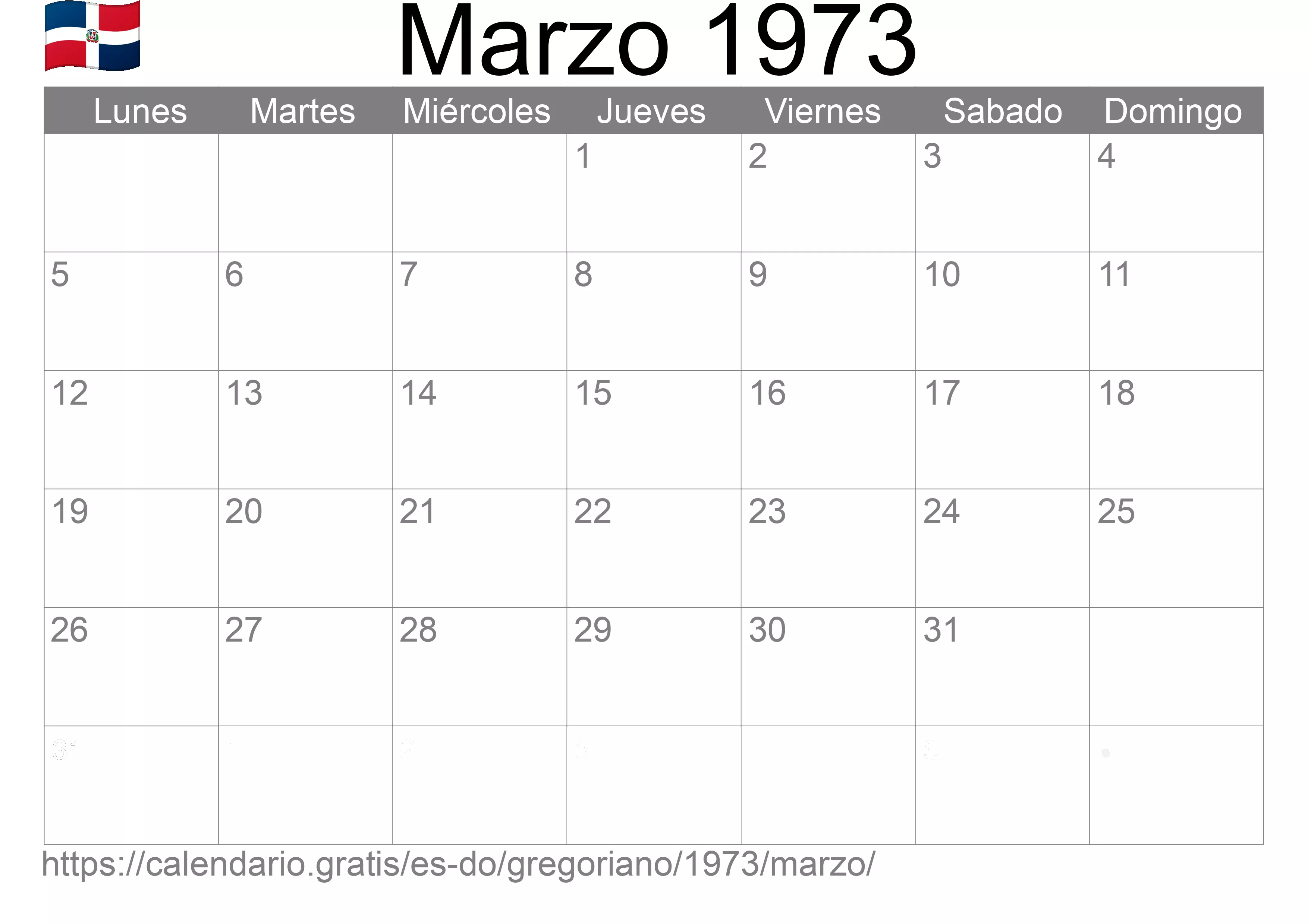 Calendario Marzo 1973 para imprimir (República Dominicana)