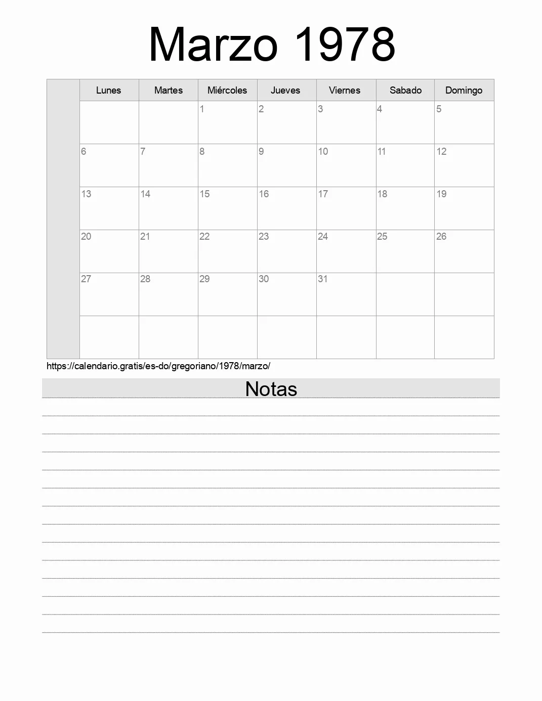 Calendario Marzo 1978 para imprimir con notas. (República Dominicana)