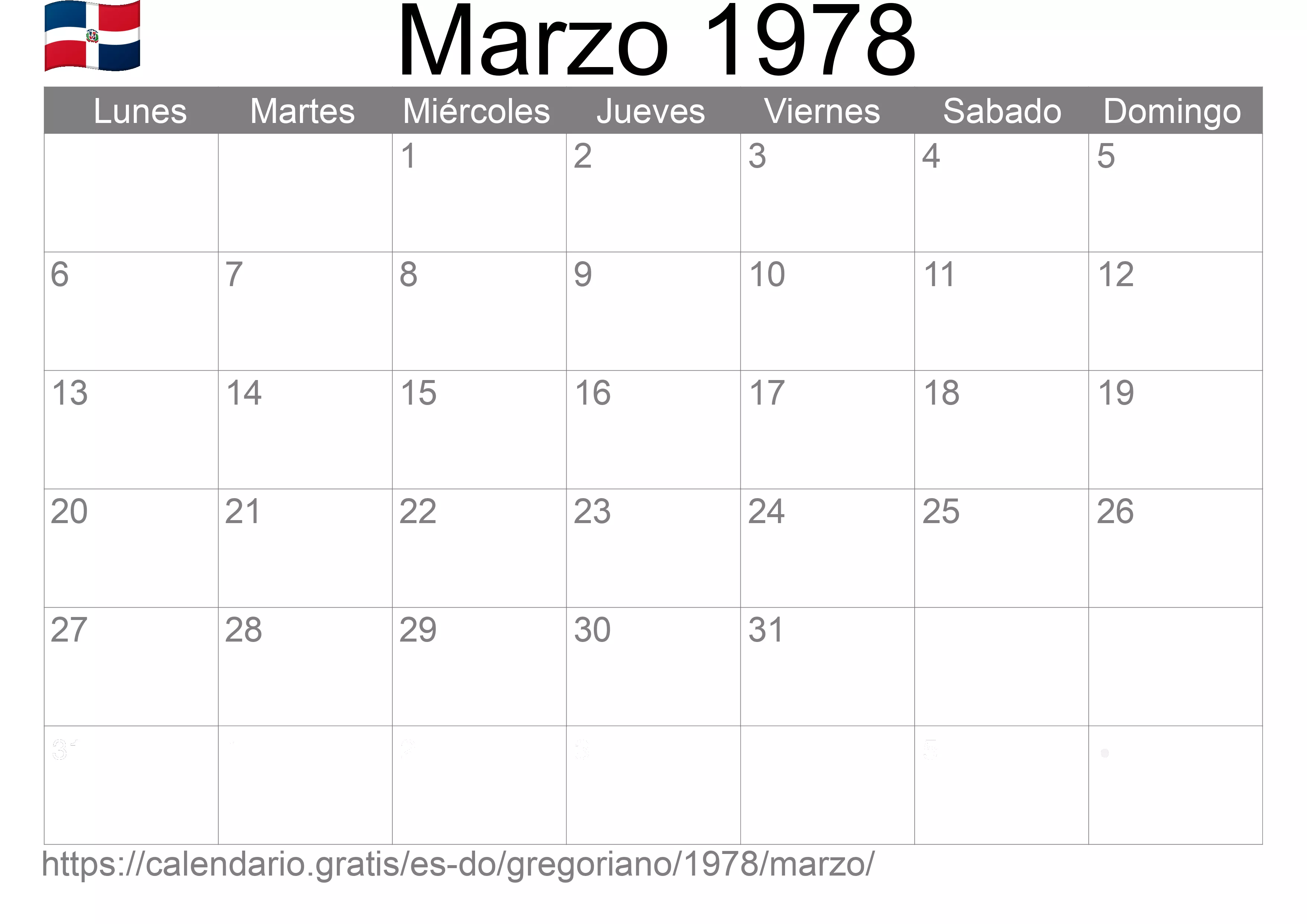 Calendario Marzo 1978 para imprimir (República Dominicana)