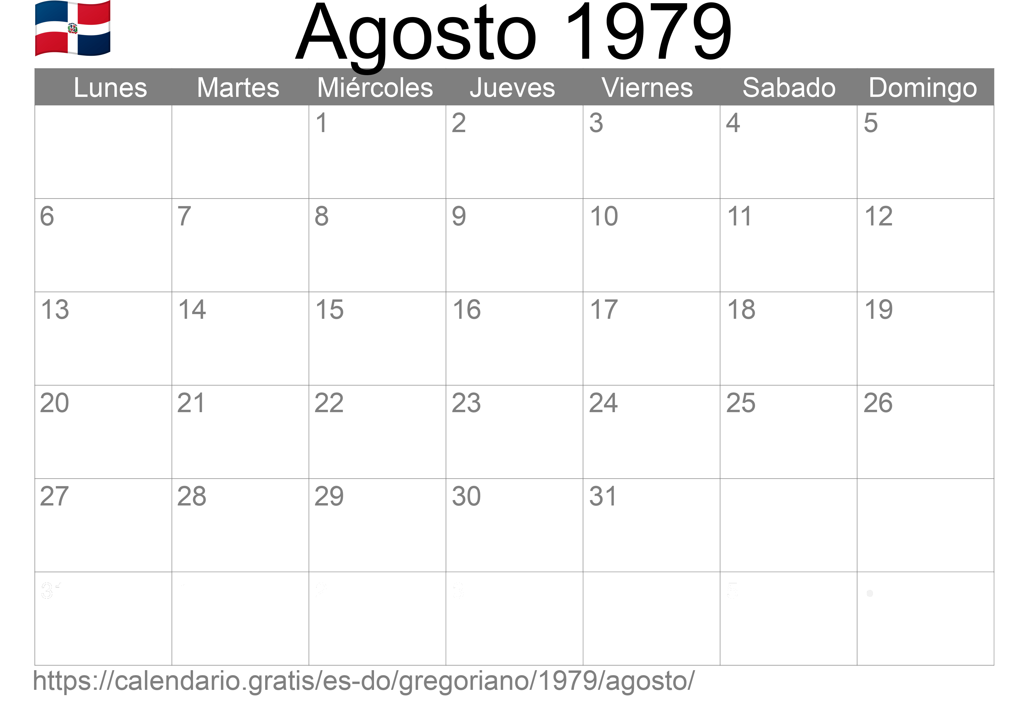 Calendario Agosto 1979 para imprimir