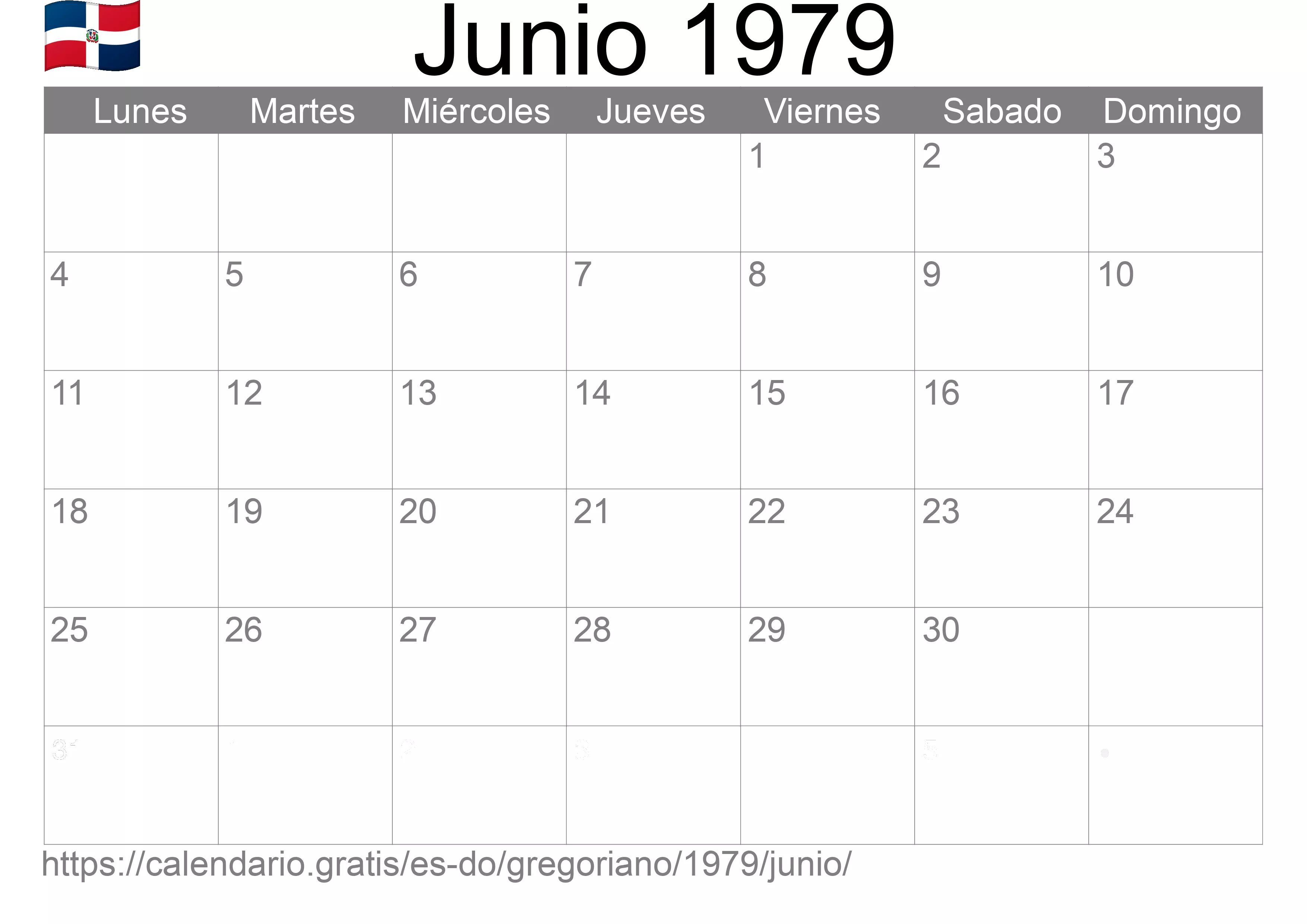 Calendario Junio 1979 para imprimir (República Dominicana)