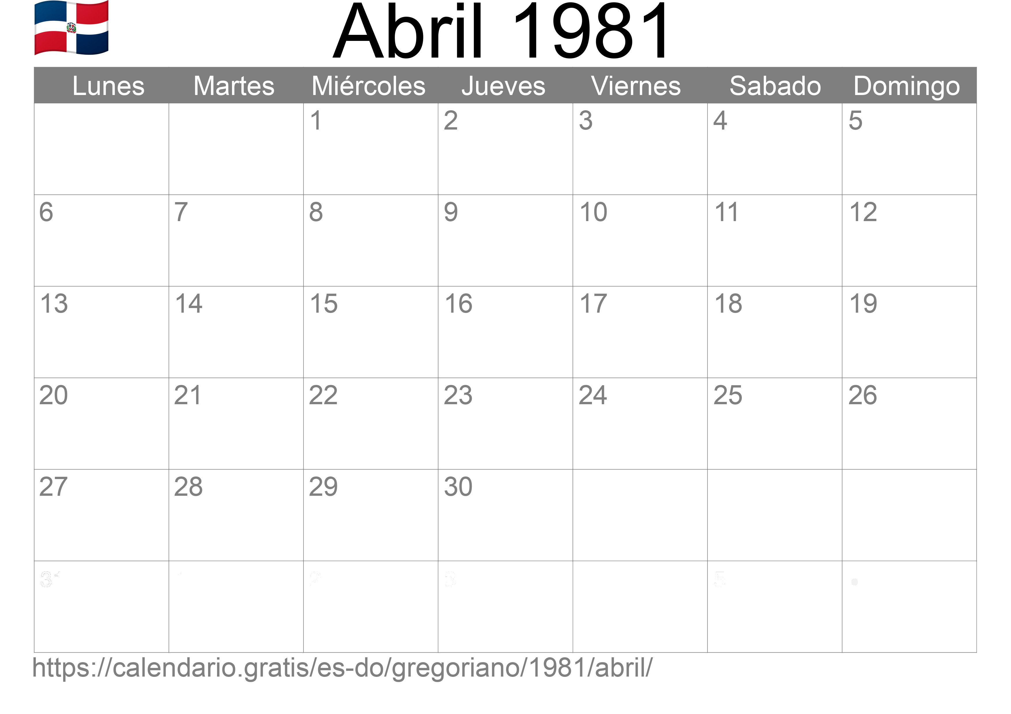 Calendario Abril 1981 para imprimir