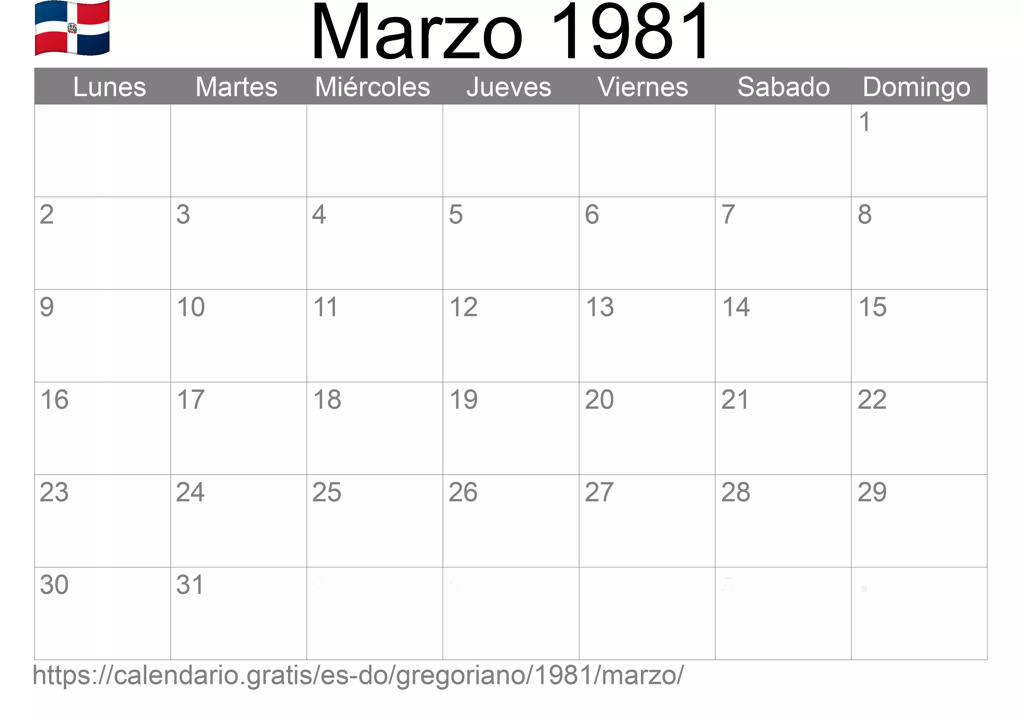 Calendario Marzo 1981 para imprimir (República Dominicana)