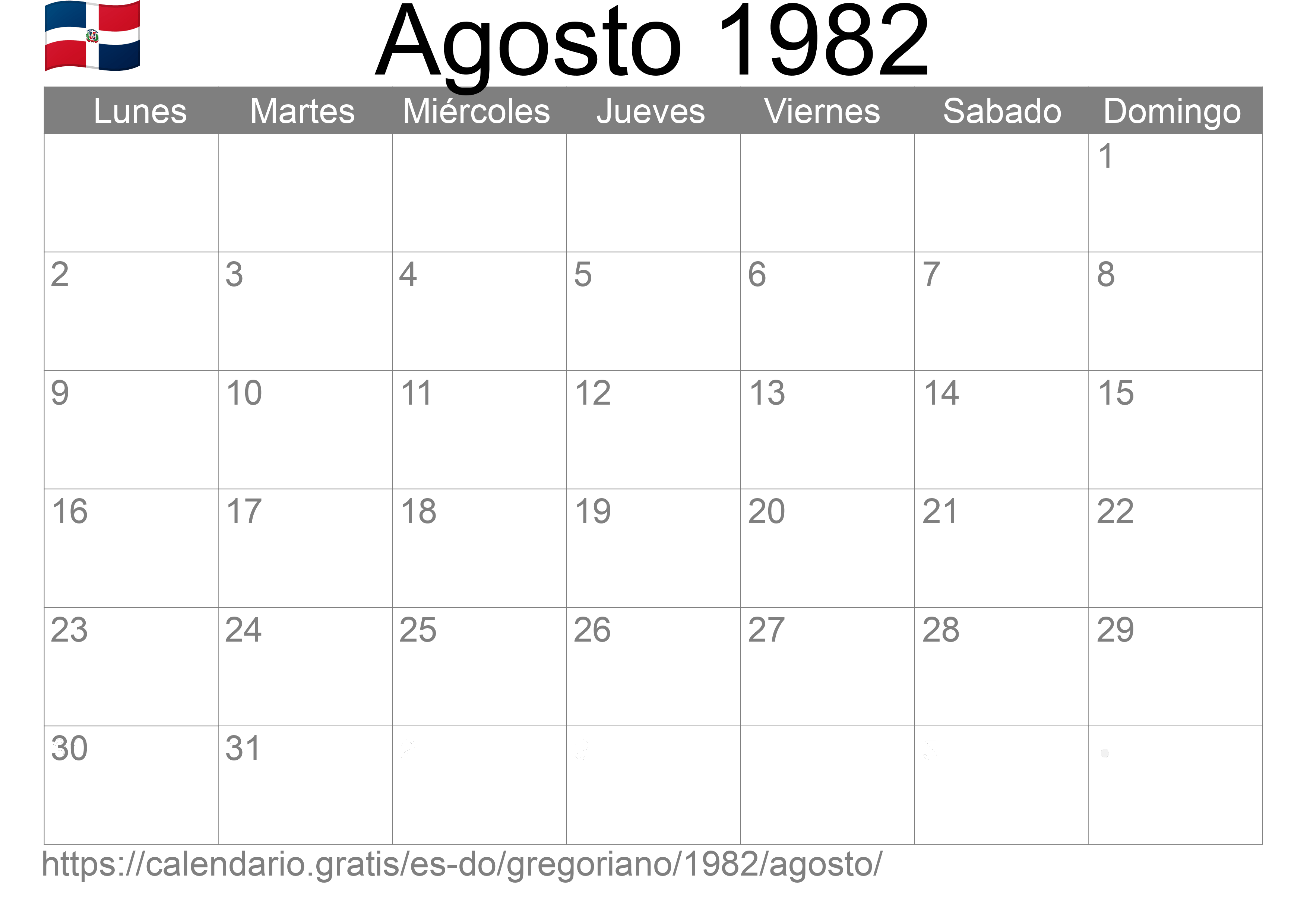 Calendario Agosto 1982 para imprimir