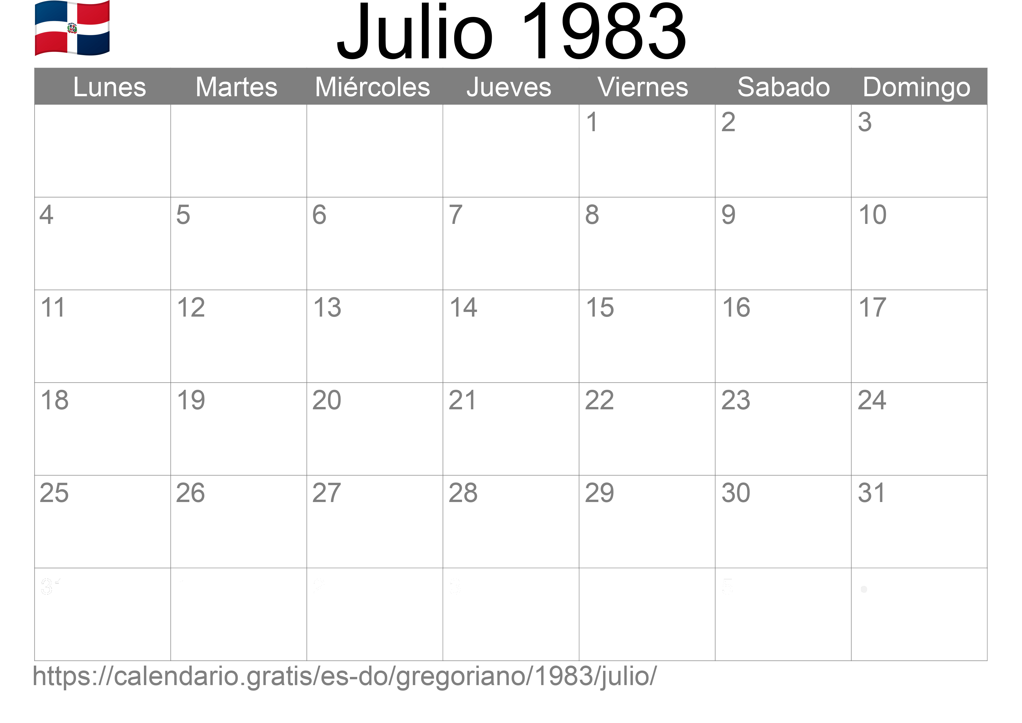 Calendario Julio 1983 para imprimir