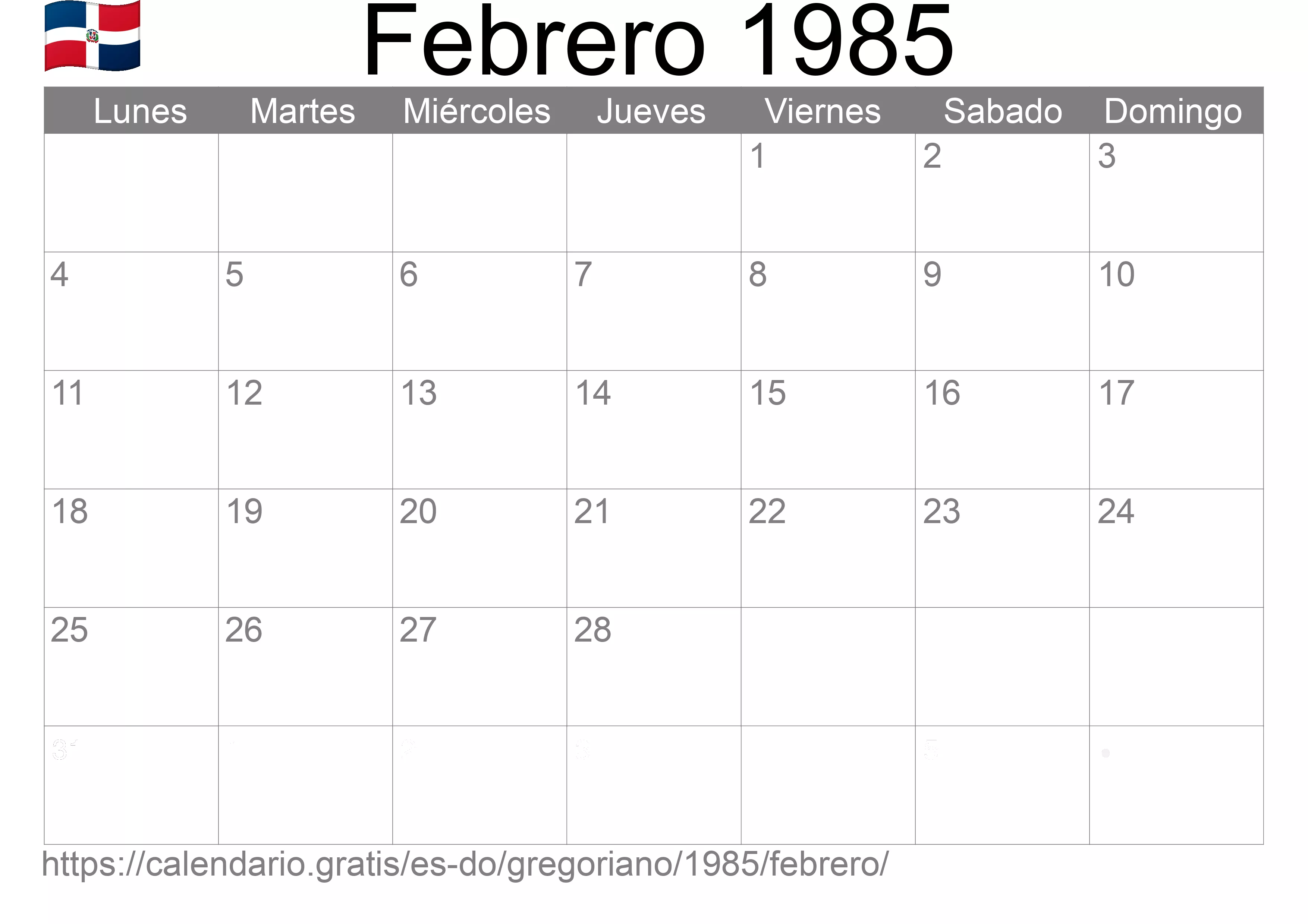 Calendario Febrero 1985 para imprimir (República Dominicana)