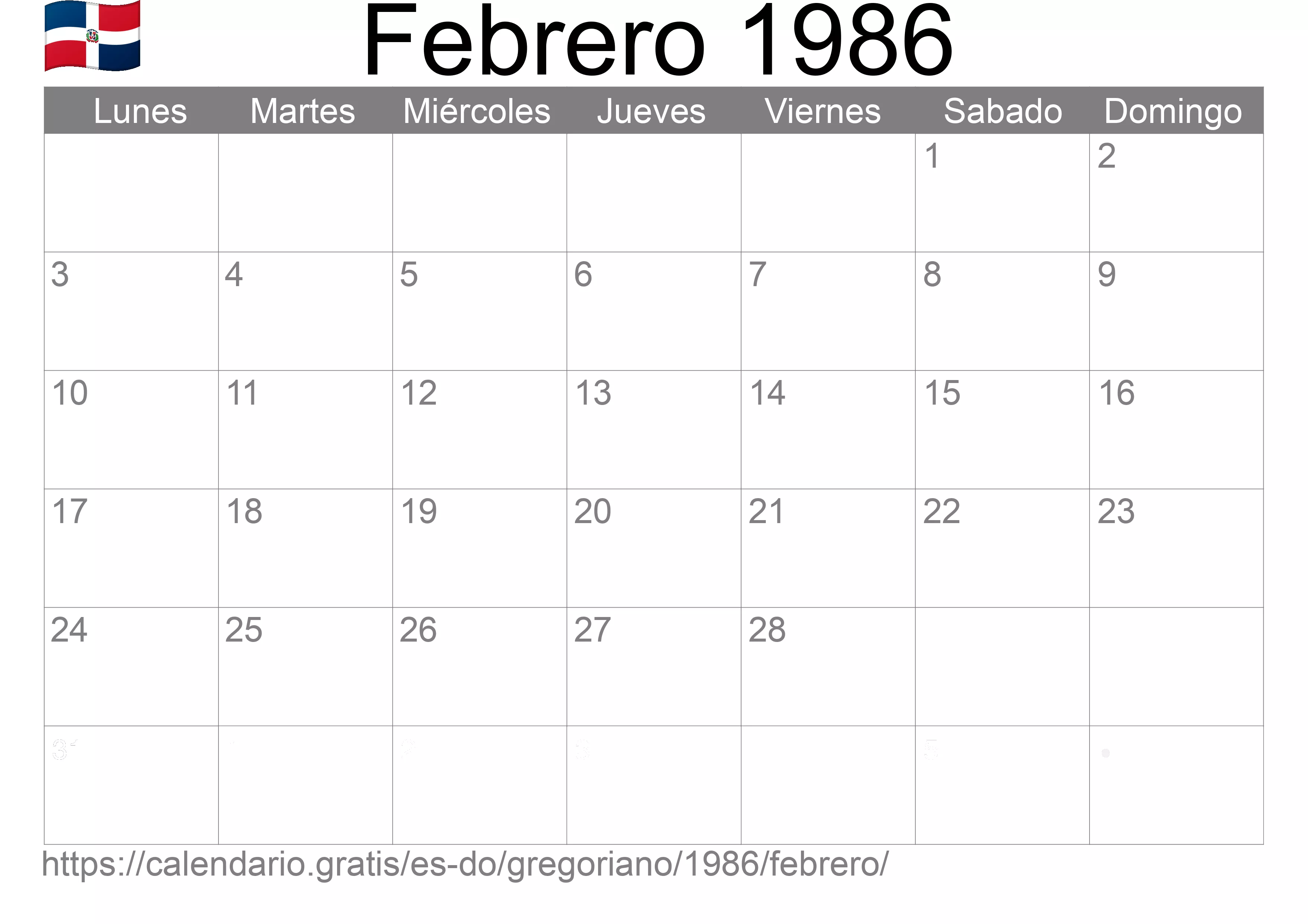 Calendario Febrero 1986 para imprimir (República Dominicana)