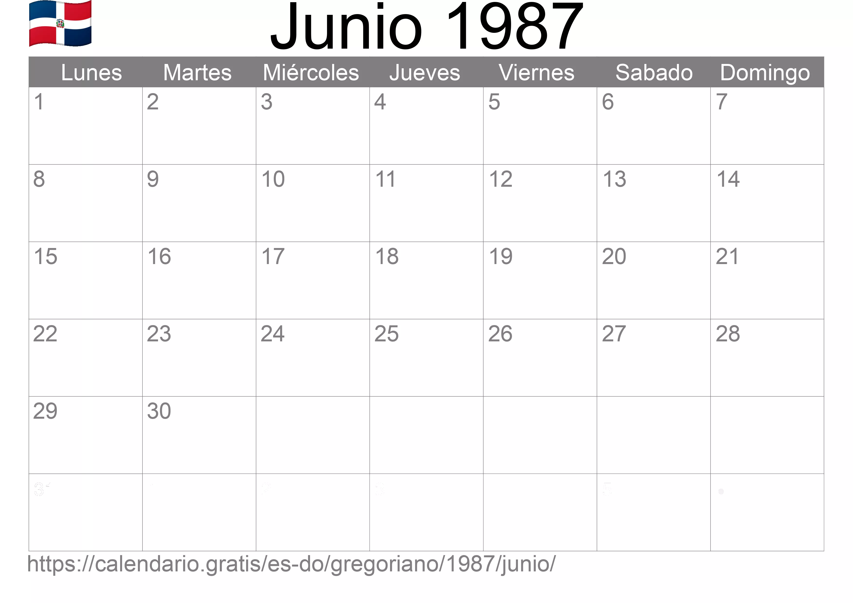 Calendario Junio 1987 para imprimir (República Dominicana)