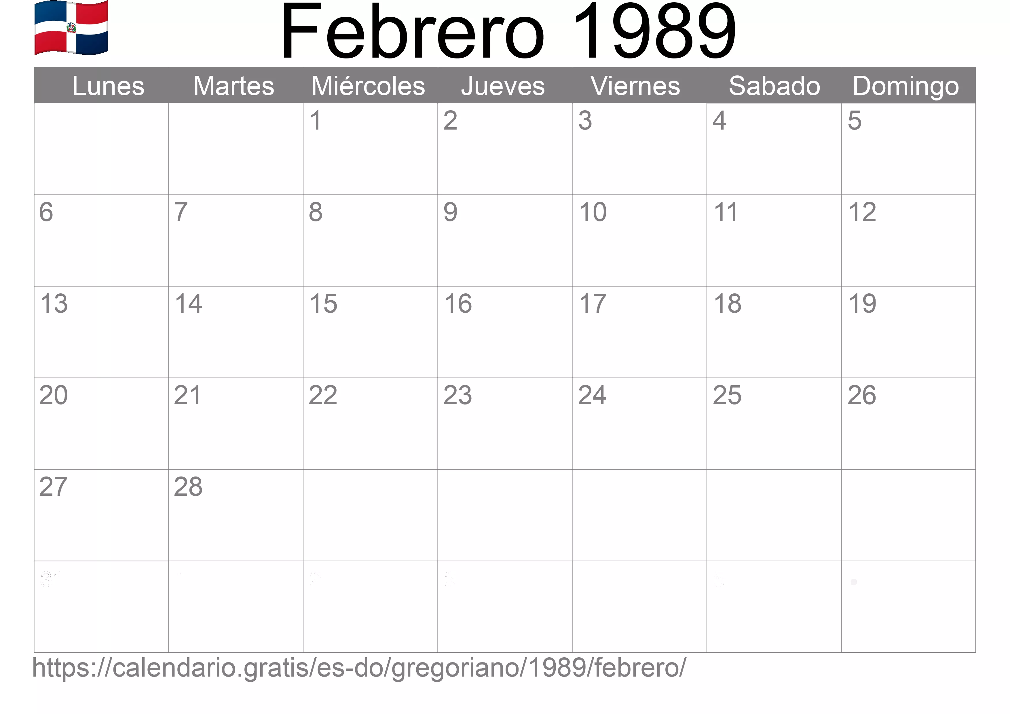 Calendario Febrero 1989 para imprimir (República Dominicana)