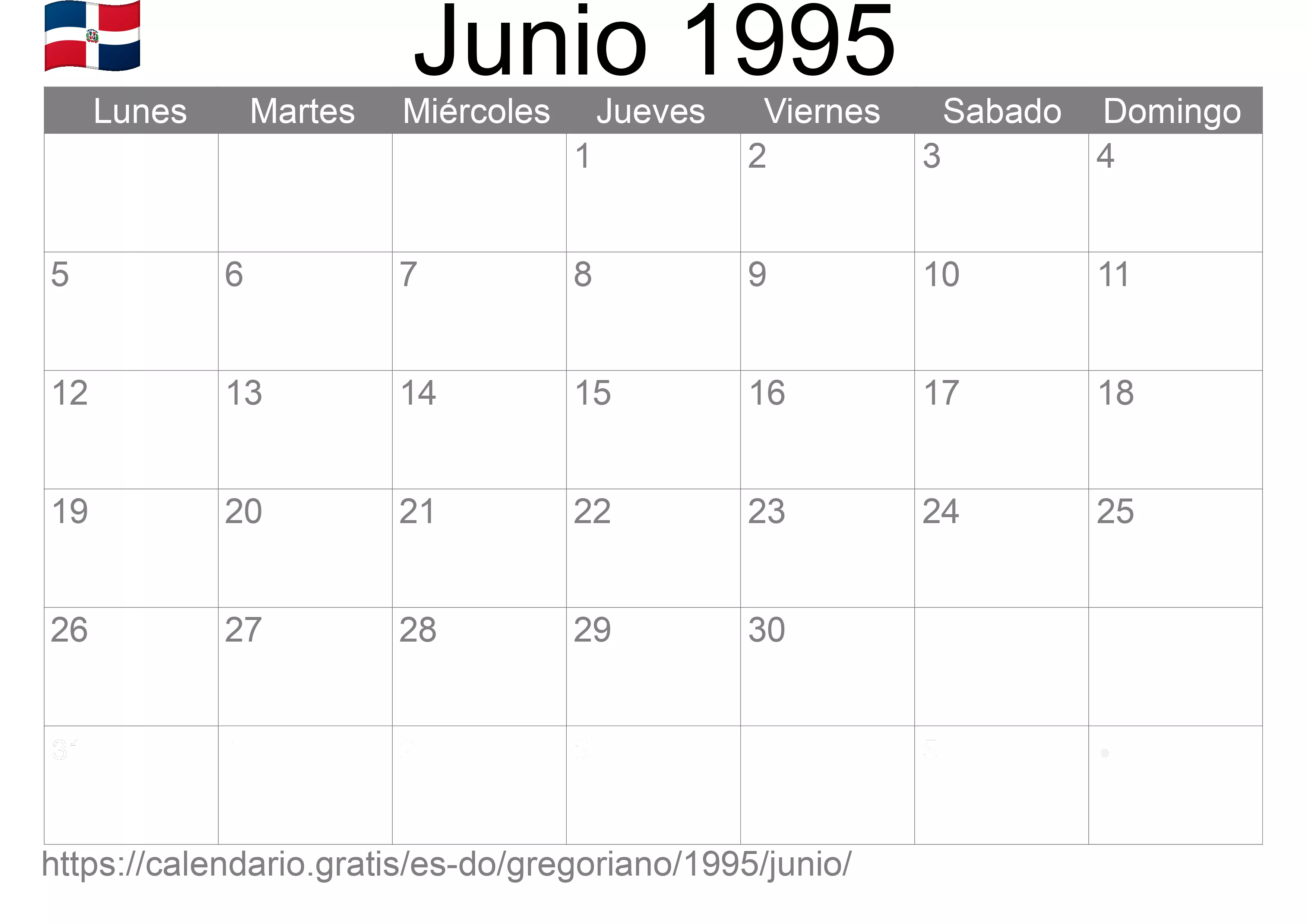 Calendario Junio 1995 para imprimir (República Dominicana)