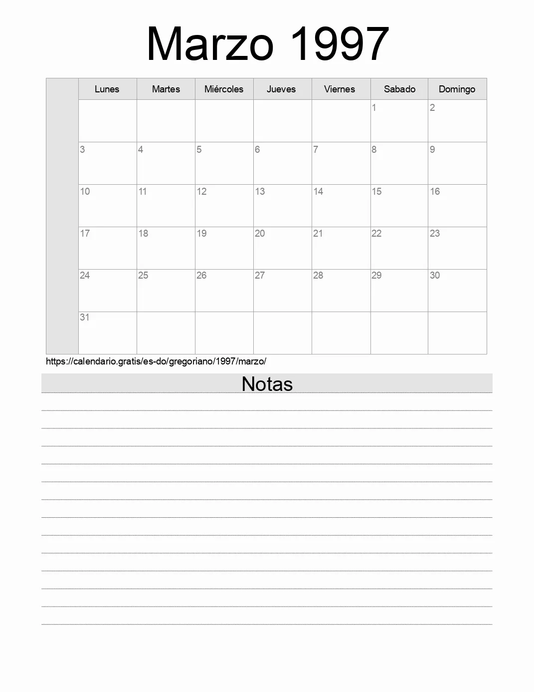 Calendario Marzo 1997 para imprimir con notas. (República Dominicana)