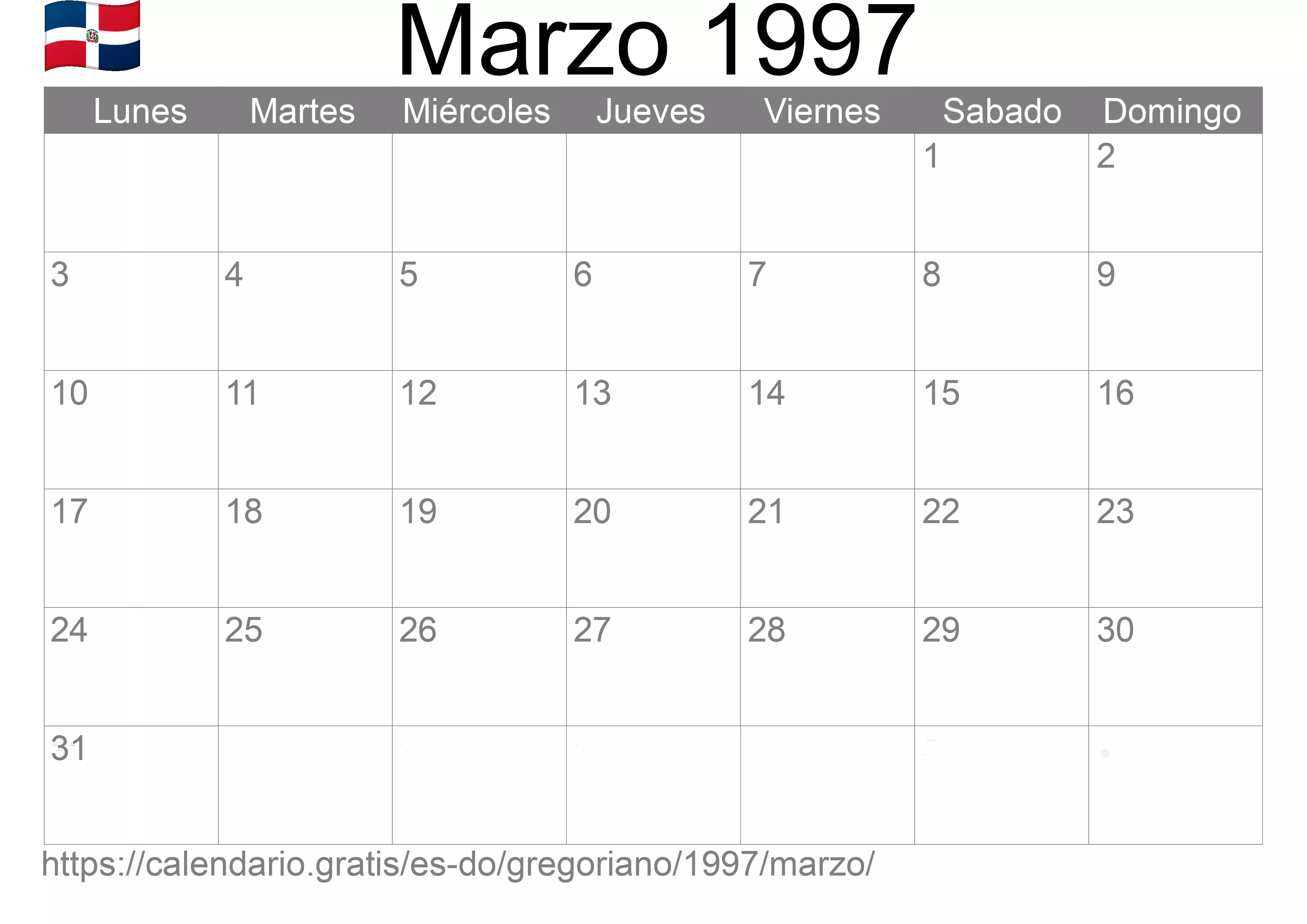 Calendario Marzo 1997 para imprimir (República Dominicana)