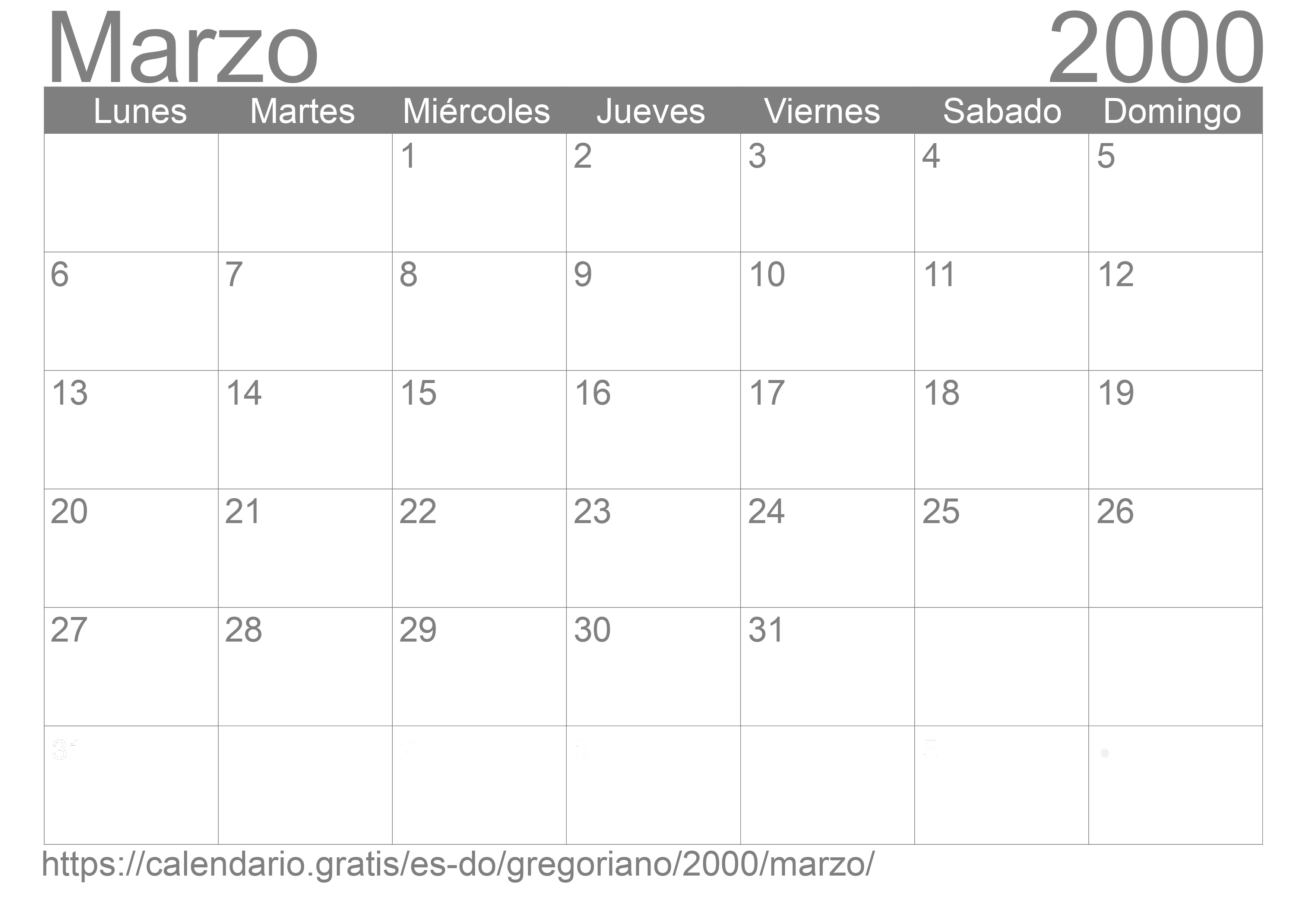 Calendario Marzo 2000 para imprimir