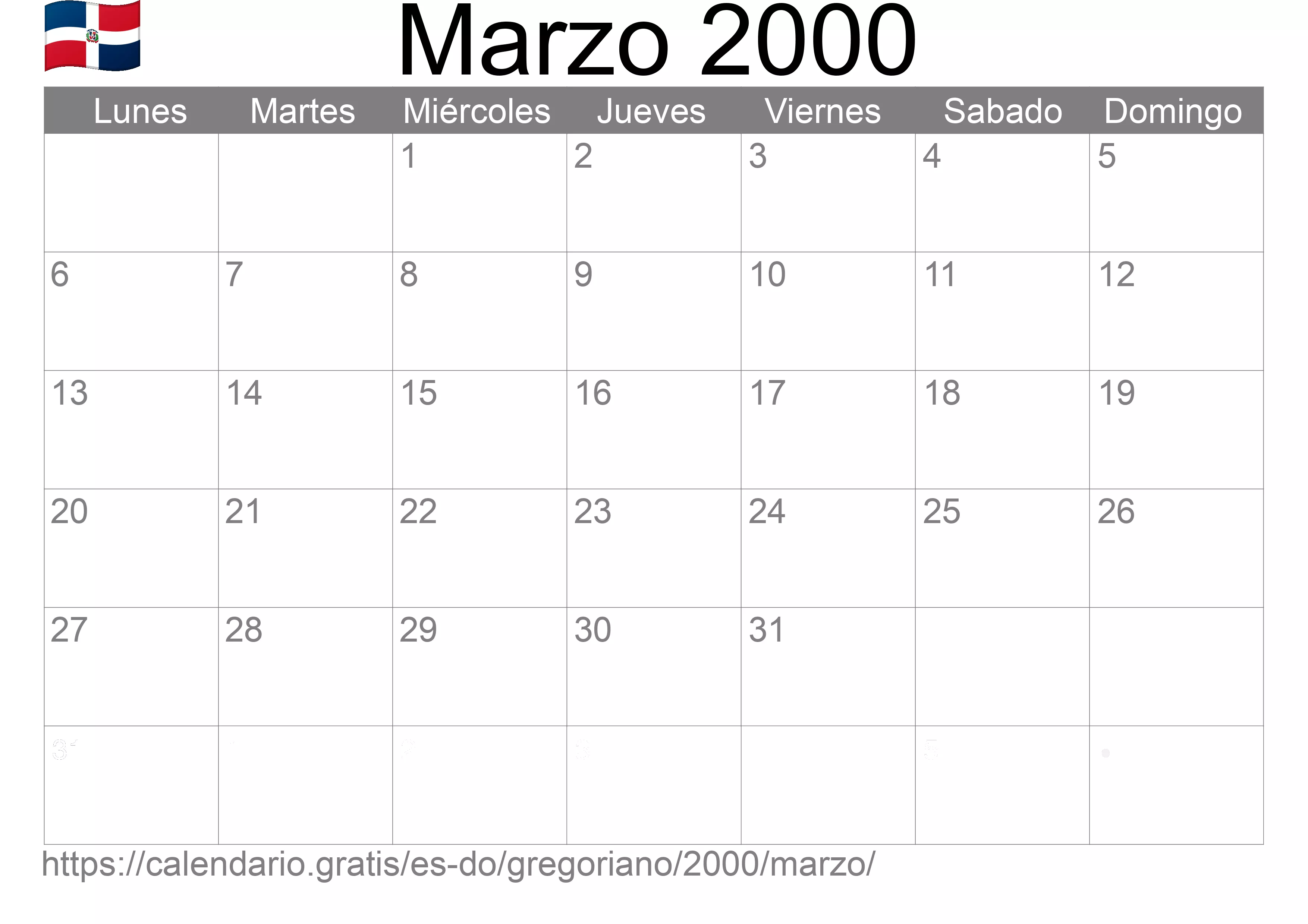 Calendario Marzo 2000 para imprimir (República Dominicana)