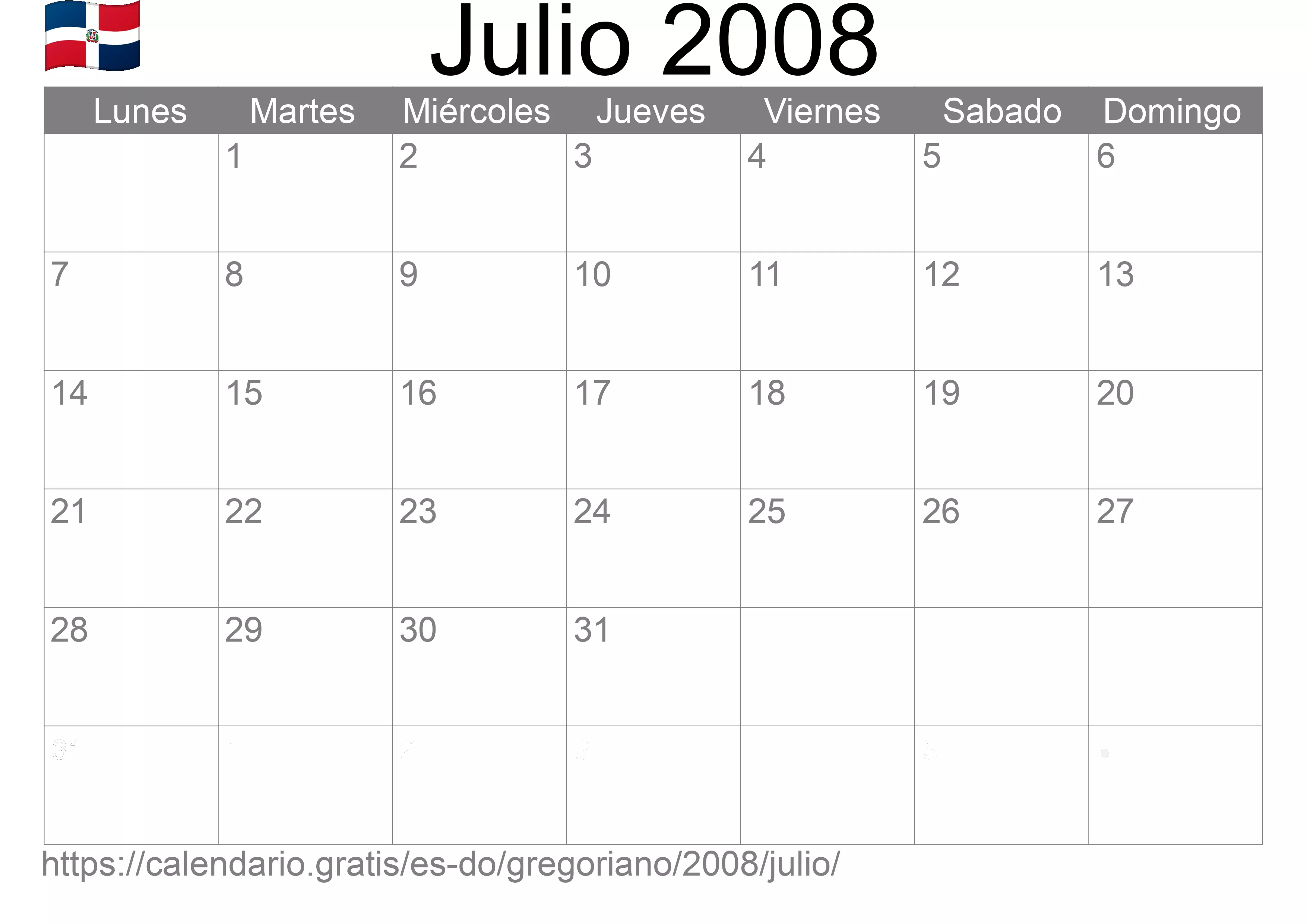 Calendario Julio 2008 para imprimir (República Dominicana)