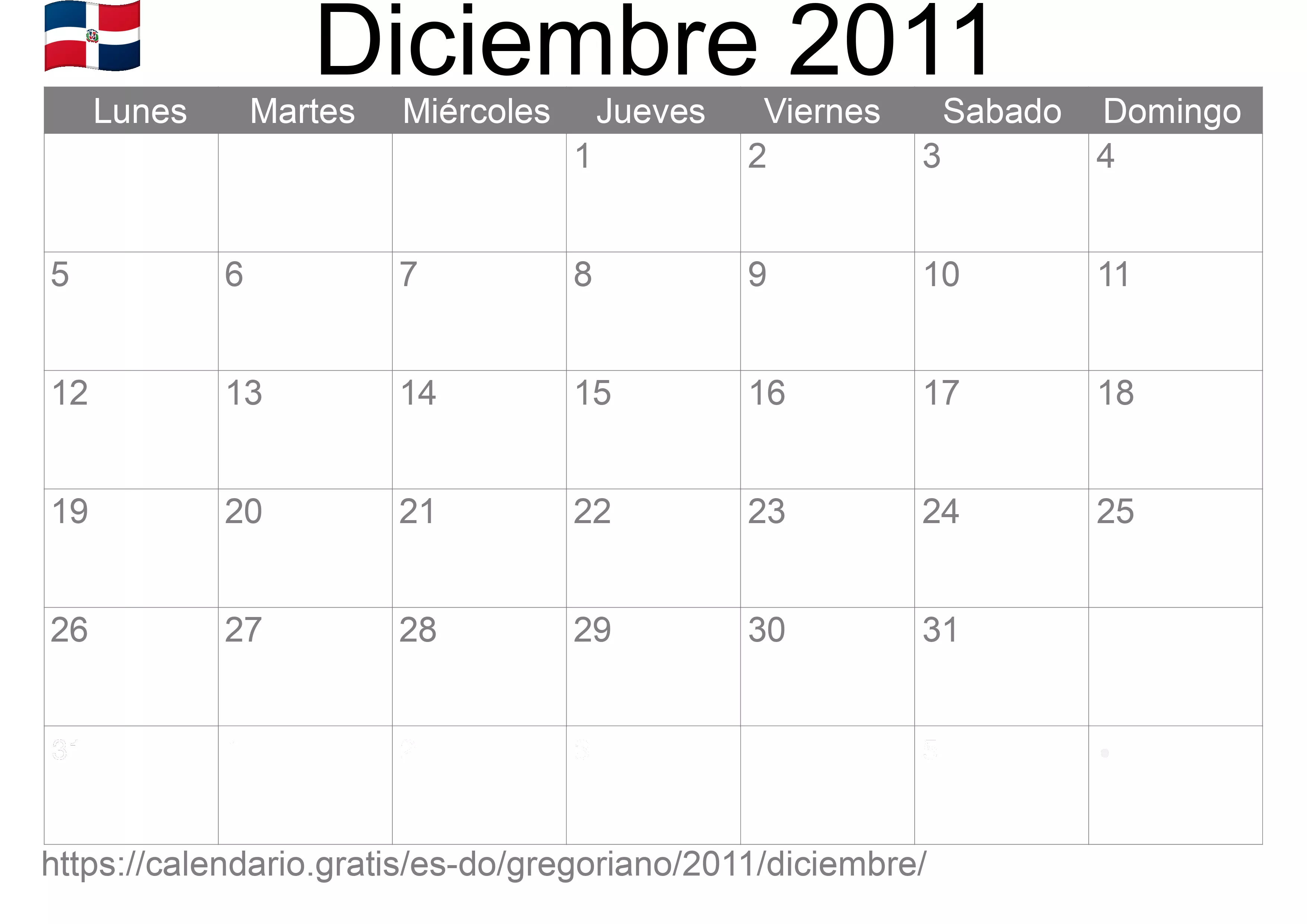 Calendario Diciembre 2011 para imprimir (República Dominicana)