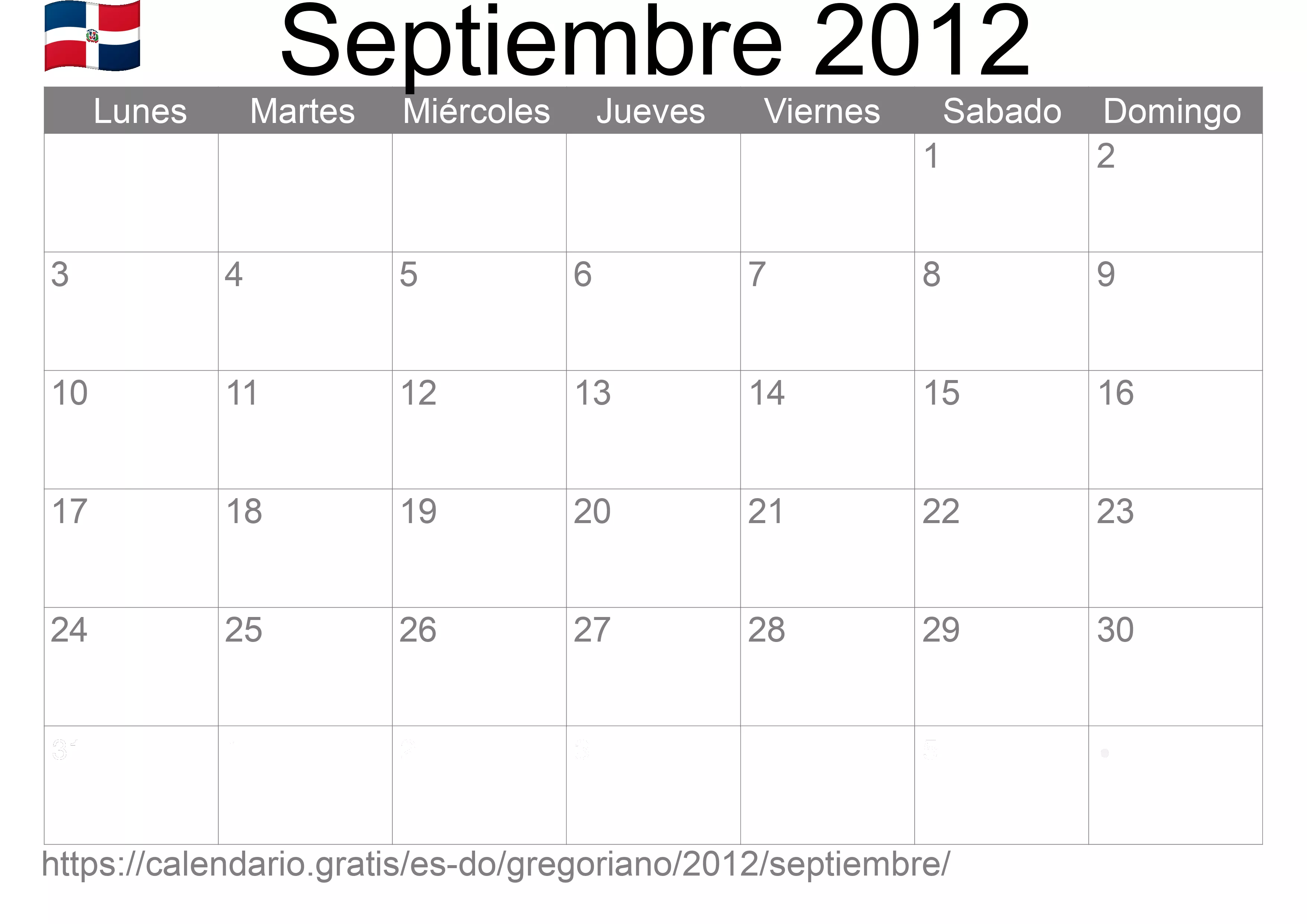 Calendario Septiembre 2012 para imprimir (República Dominicana)